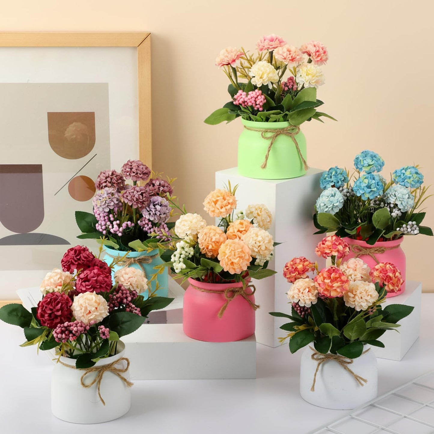 Suncalla 12 Pcs Hydrangea Artificial Flowers in Vase Artificial Hydrangea Potted Small Fake Flowers Table Centerpiece Decoration Arrangement Faux Floral Indoor for Mom Wedding Home Office