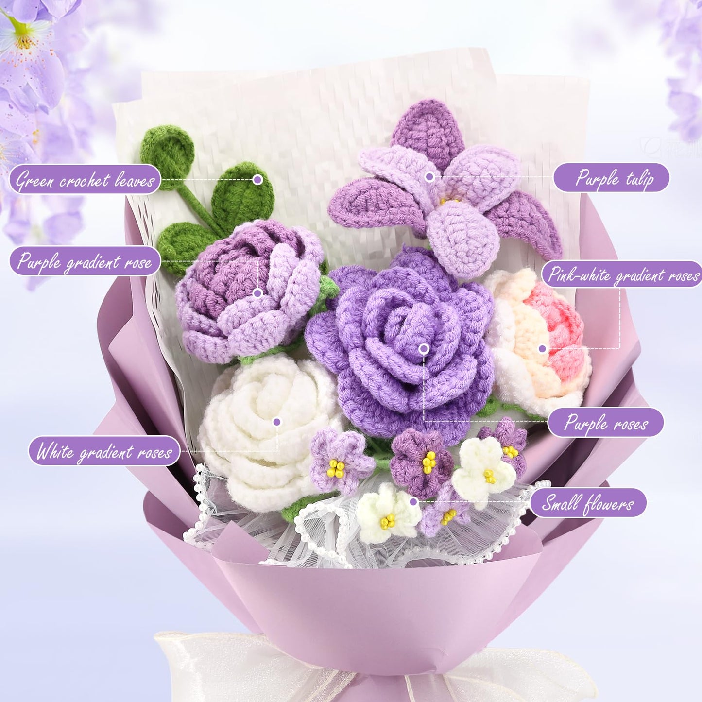 FUCAN Crochet Flowers,Finished Bouquet Crocheted Cotton Thread Flowers, Handmade Crochet Rose Tulip Fern Leaf as a Gift for Lover, Friends. Artificial Flower (Purple)
