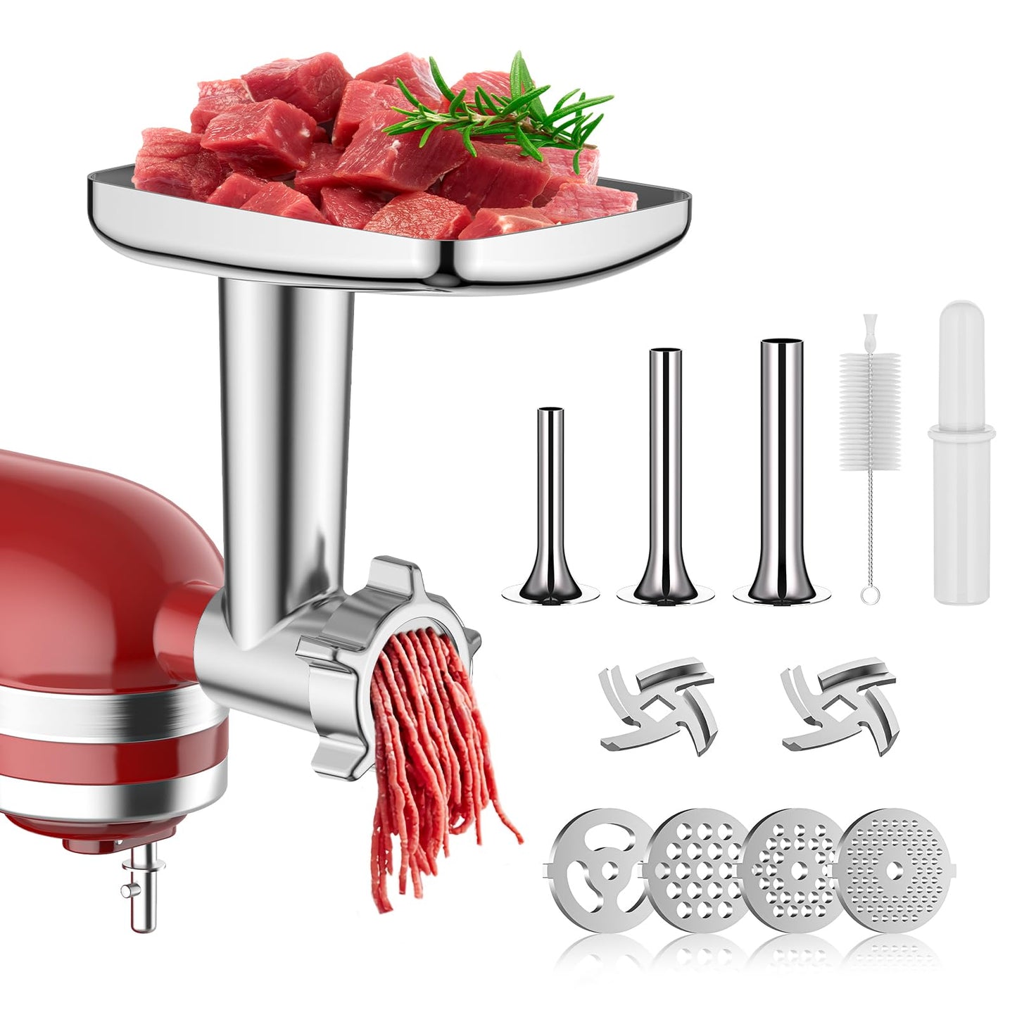 Meat Grinder for KitchenAid Mixer, Meat Grinder Attachment with 4 Grinding Plates, 3 Sausage Stuffer Tubes, 2 Grinding Blades, Attachment for Kitchenaid Mixers