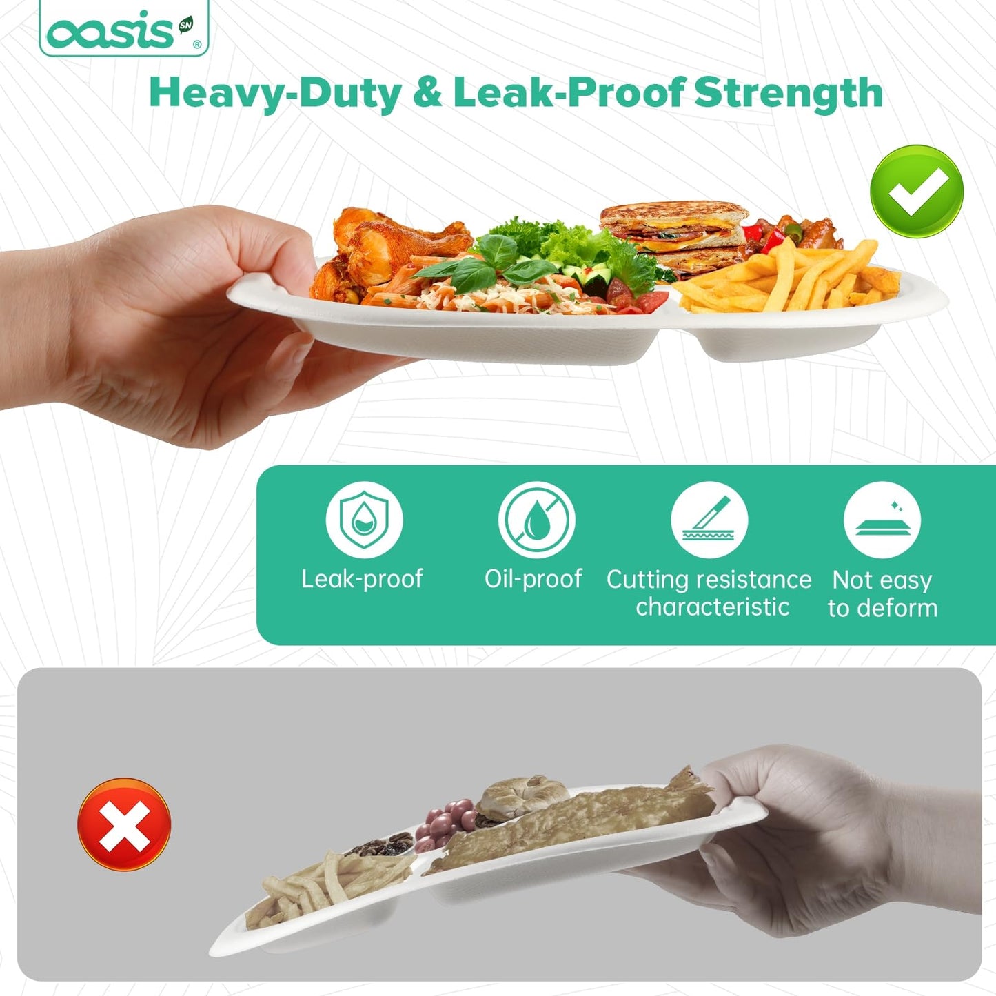 OasisSN 𝟭𝟬 𝗶𝗻𝗰𝗵, 𝟭𝟮𝟴-𝗣𝗮𝗰𝗸 3-Compartment Disposable Paper Plates, Compostable Heavy-Duty Divided Plates for Meal Prep, School Lunches & Party Buffets (White)