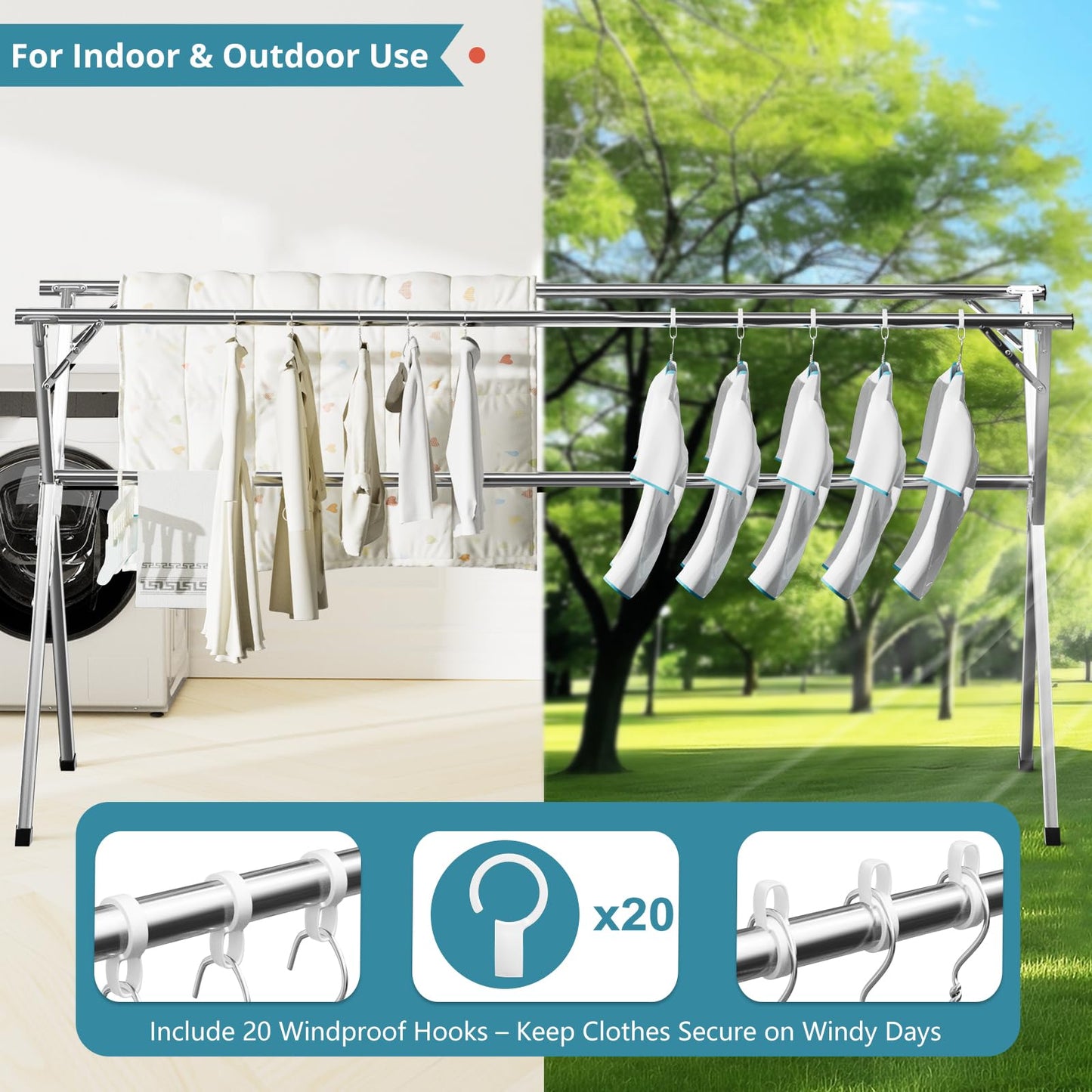 JAUREE 95 Inches Clothes Drying Rack, Drying Rack Clothing Folding Indoor Outdoor, Heavy Duty Stainless Steel Laundry Rack, Foldable Portable Large Clothes Rack Garment Rack with 20 Windproof Hooks