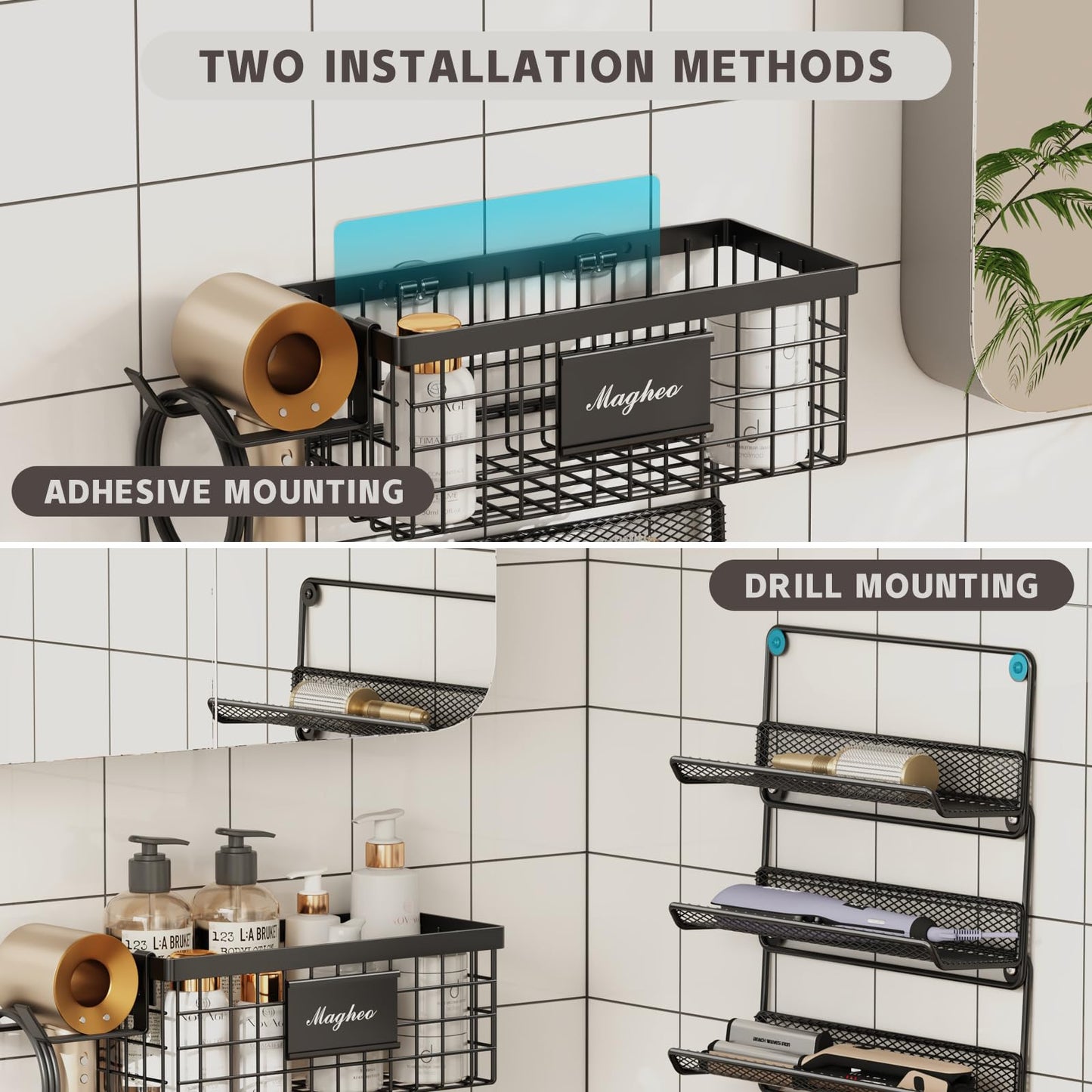 Magheo Hair Dryer Holder Wall Mounted, Adheisve Hair Styling Tool Organizer for hair Brush/Appliance Wall Mount with 5 Tier Shelf Basket Hooks Blow Dryer and Straightener Holder for Bathroom(Black)