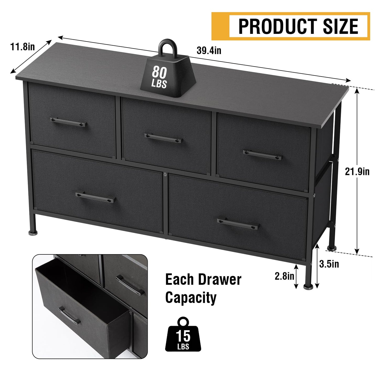 FDW 5 Fabric Drawers Dresser for Bedroom,Chest Organizer Units with Steel Frame and Wooden Top for Bedroom,Closet,Living Room, Entryway,Black