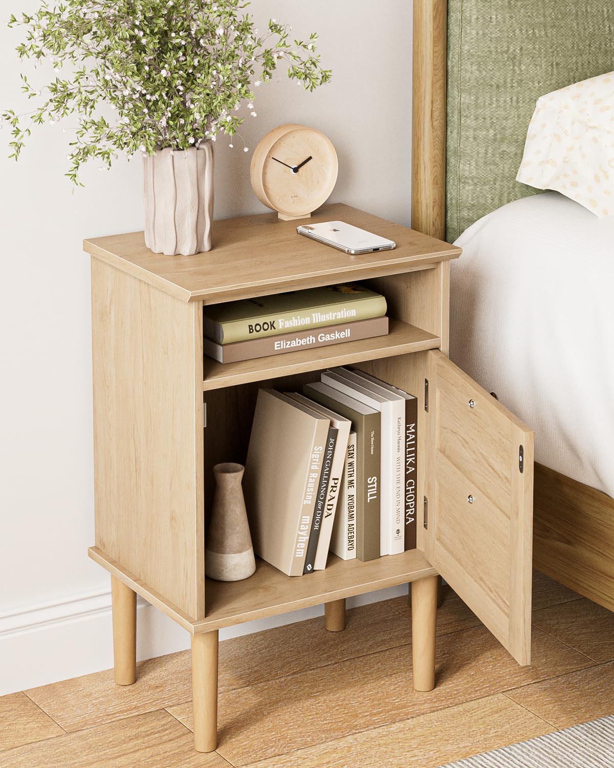 Apetaccat Nightstand, Boho Night Stand with 1 Drawer, Modern Side Accent Table with Open Shelf, Wooden Top Bedside End Table for Bedroom, Living Room, Natural