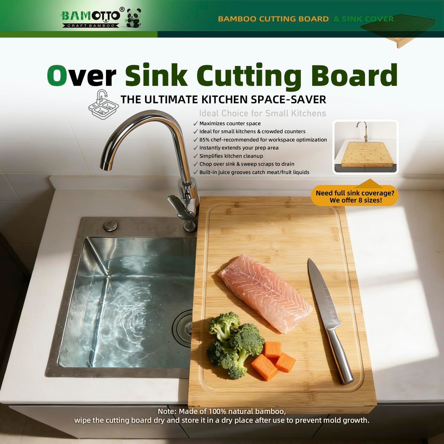 BAMOTTO CRAFTBAMBOO 15.8x22 Inch Large Bamboo Cutting Board, Reversible with Juice Grooves & Detachable Lip, Stovetop Cover and Sink Cover Board for Kitchen Counter