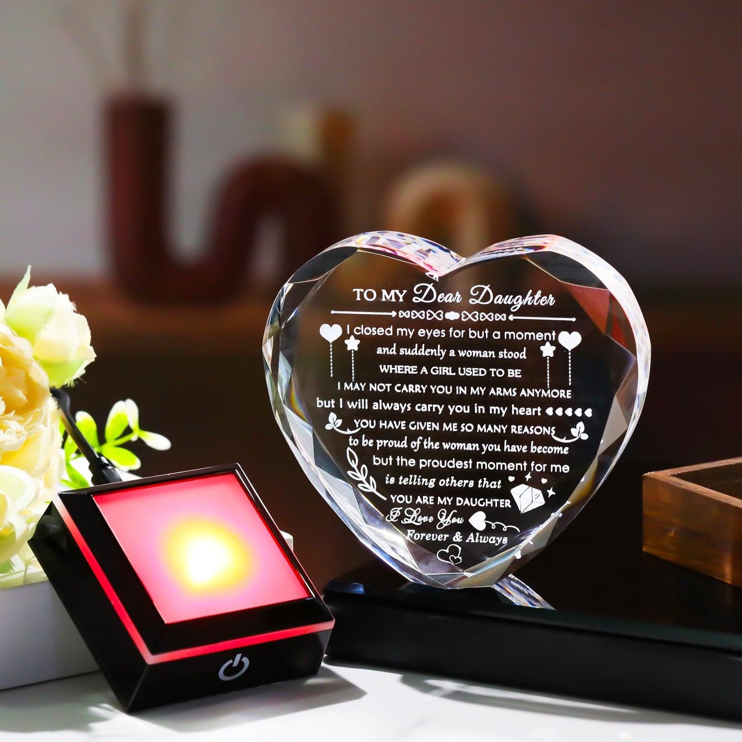 YWHL Gifts for Daughter with Colorful LED Base Best Daughter Birthday Gifts from Mom Dad Heart Crystal to My Daughter Gift on Christmas Valentines Mothers Day