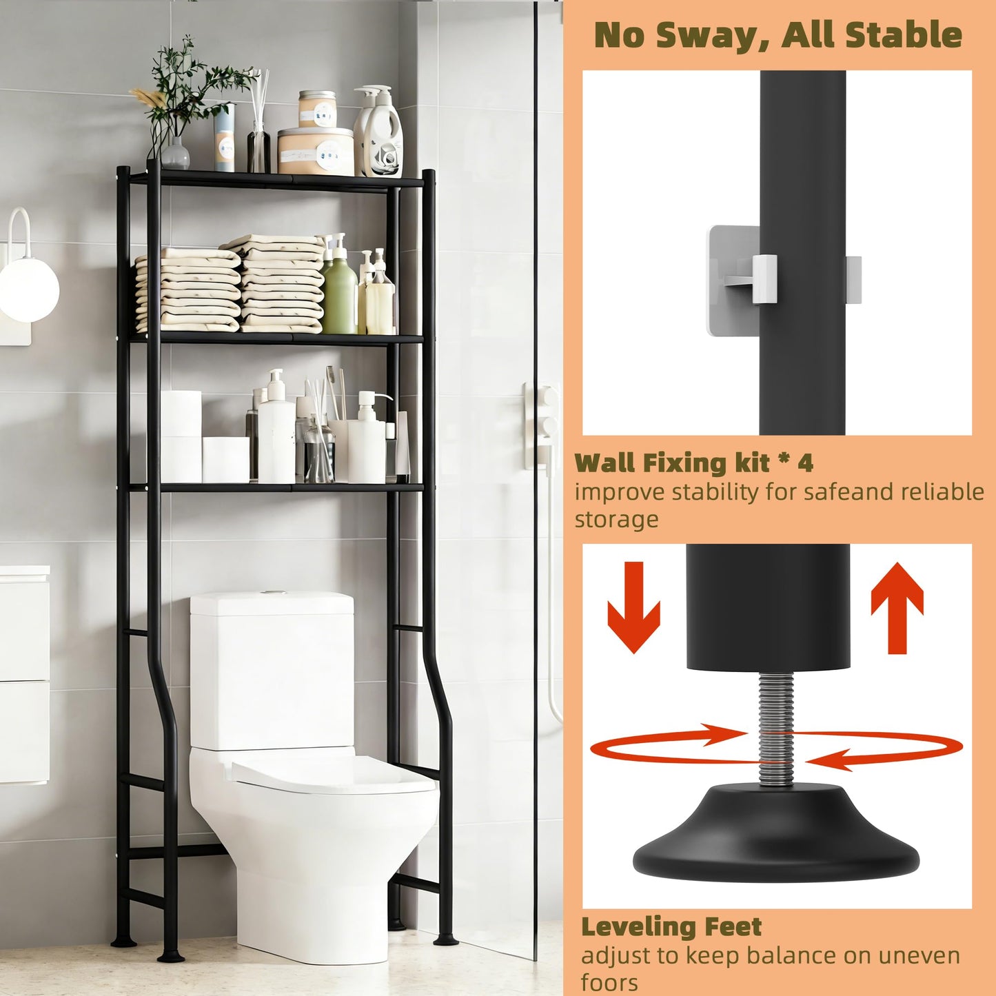 Livilord 3-Tier Over The Toilet Storage Rack, Space Saver Metal Bathroom Shelves, Freestanding Over Toilet Bathroom Organizer for Bathroom/Living Room, Black