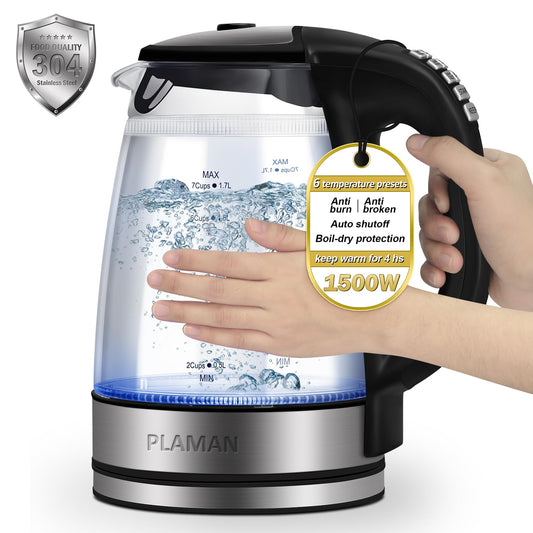 1500W Electric Kettle with Temperature Control - 6-Temp Presets for Tea/Coffee, Double Wall Cool-Touch, 4H Keep Warm, 1.7L Borosilicate Glass & BPA-Free, Fast Boil for Home/Office
