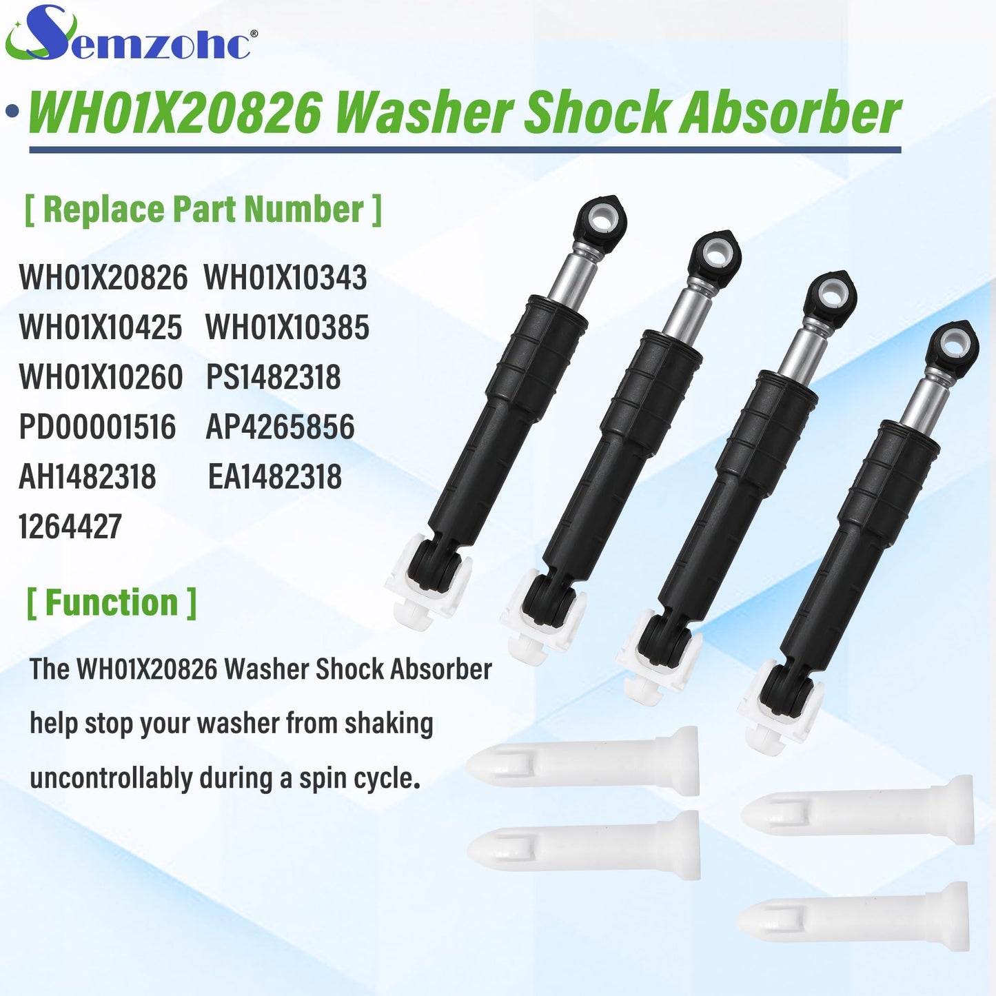 WH01X20826 Washer Shock Absorber Kit Fit for G.E Washer Damper Shock Replaces WH01X10343 AP4265856 WH01X10385 WH01X10425 AH1482318 EA1482318 WH01X10260 PS1482318 - with 4 Shocks and 4 Pins