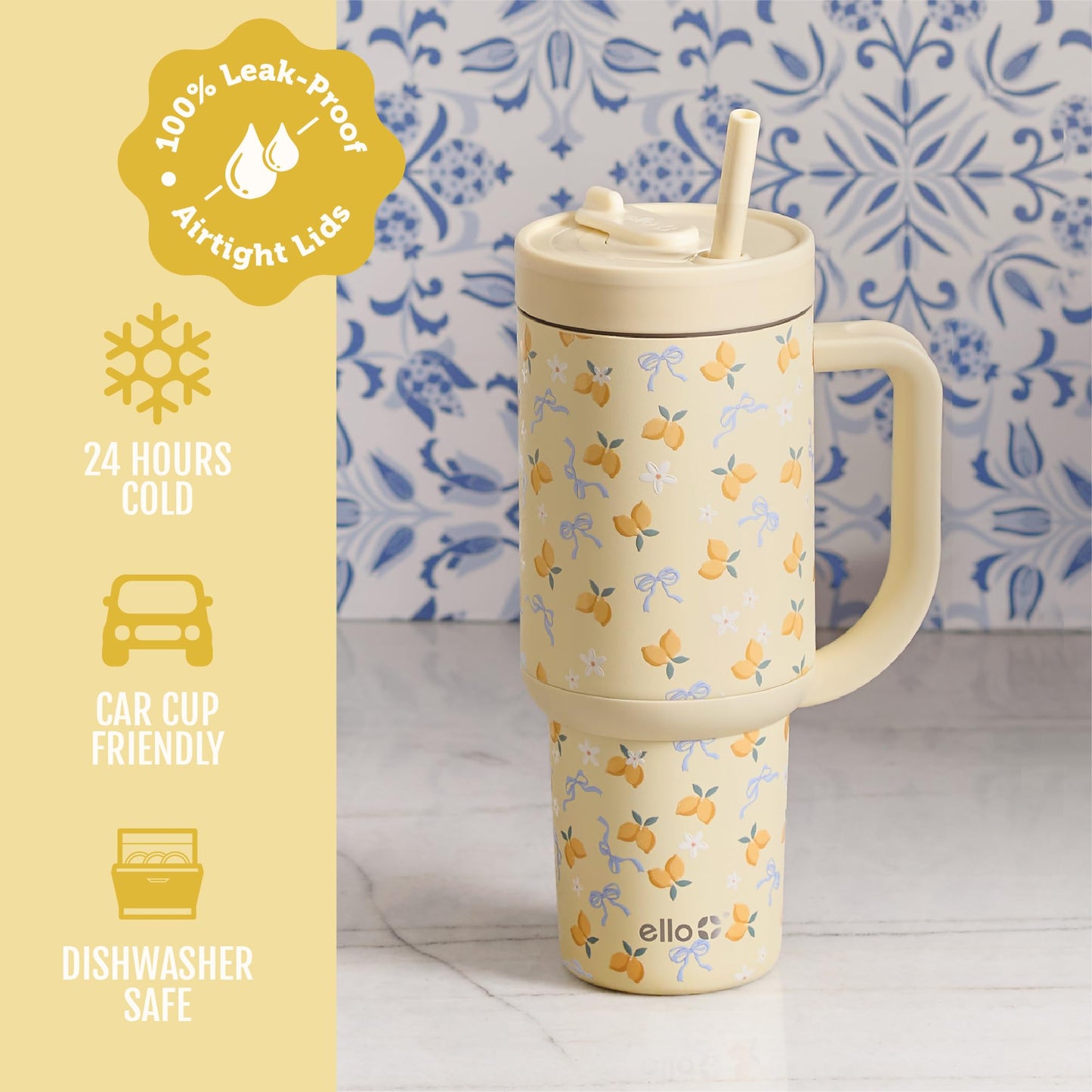 Ello Oasis 40 oz Tumbler with Handle & Retracting Straw | Reusable Insulated Stainless Steel Cup 100% Leakproof | Gifts for Teens Women | Keeps Cold for 24 Hours | Cup Holder Friendly | Main Squeeze
