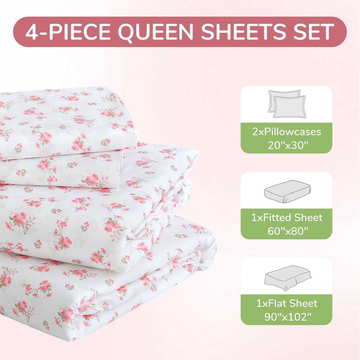 MUXHOMO Queen Size 4 Piece Sheet Set, Soft Breathable Bed Sheet Set for Bedroom with Deep Pocket Up to 16", Wrinkle-Free & Cooling Bedding for Oeko-TEX Certified - Blossoms Pink