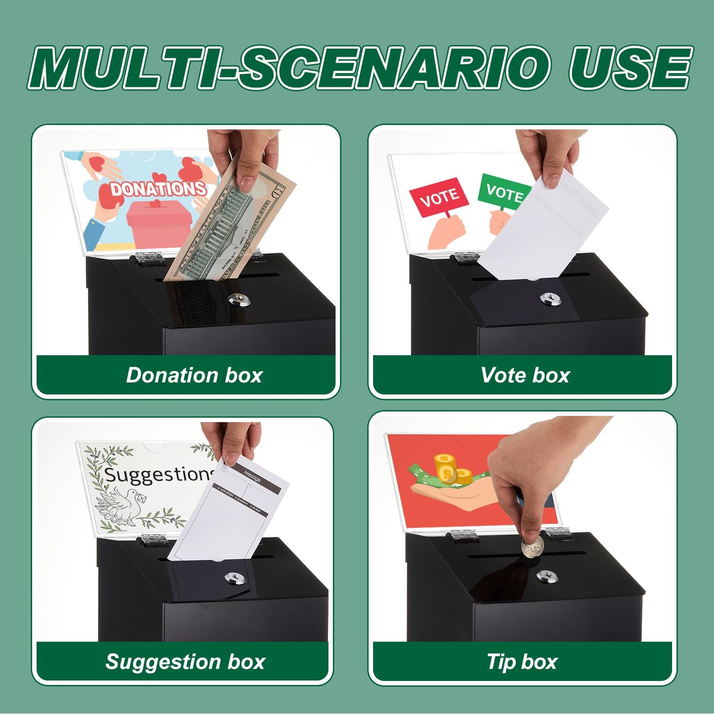 Juexica Suggestion Box, Acrylic Black Donation Box with 2 Slots and Lock, 7.9 x 6.7 x 8.7 Inches Raffle Jar with Sign Plate, Ballot Prayer for Fundraising Tip Drop, Voting, Charity
