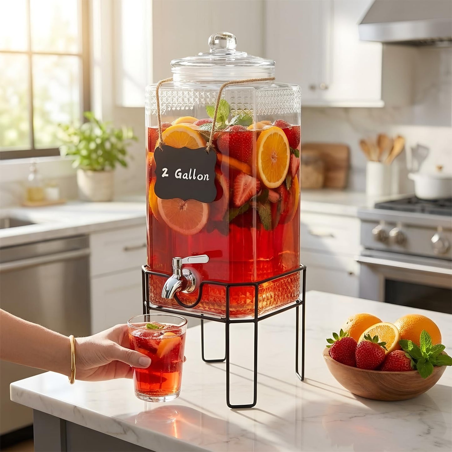 2 Gallon Glass Drink Dispenser, Drink Dispensers for Parties, Beverage Dispenser with Stand and Glass Lid, 100% Leakproof Spigot, Ideal for Lemonade, Juice, Laundry Detergent Dispenser