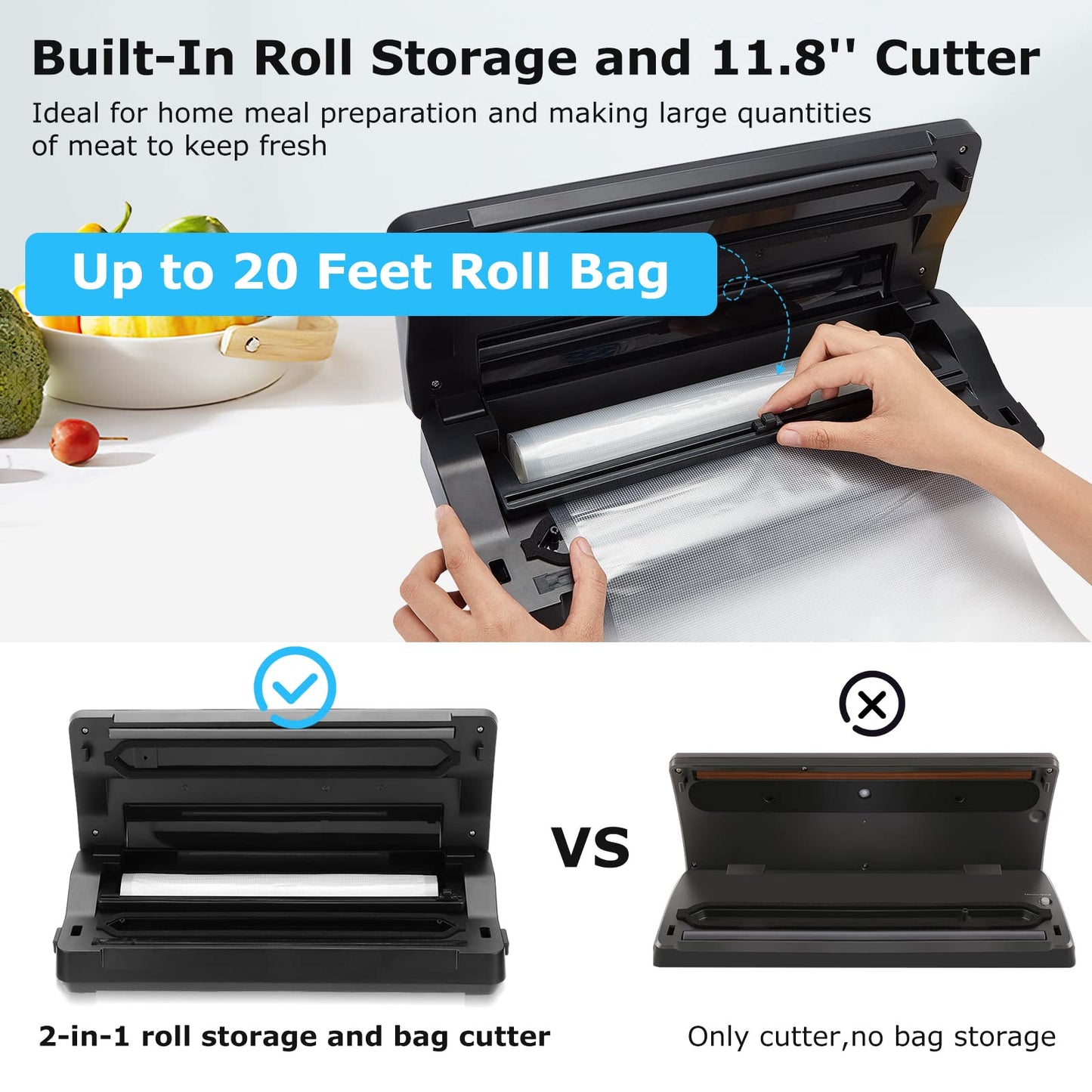Food Vacuum Sealer Machine 10-In-1 with Bag Storage(Up to 20FT) and Cutter, INKBIRD Food Sealer Vacuum Sealer for Food with Moist/Dry/Canister 5 Food Modes, Starter Kits Bags*5 and Bag Roll*1, 85KPa