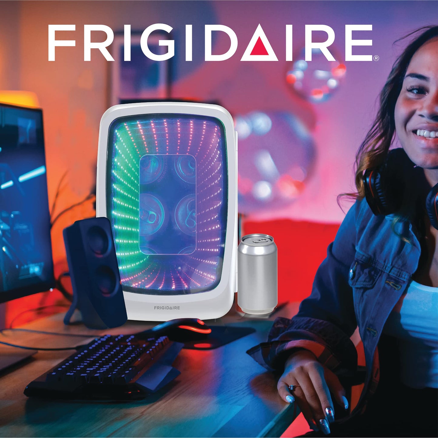 Frigidaire Gaming Light Up Mini Beverage Refrigerator, 6 can, 4 liters, Cooler with large see through door and LED lights Perfect for Gaming Experience, Home, Office, or Cars.12V Charger (White)