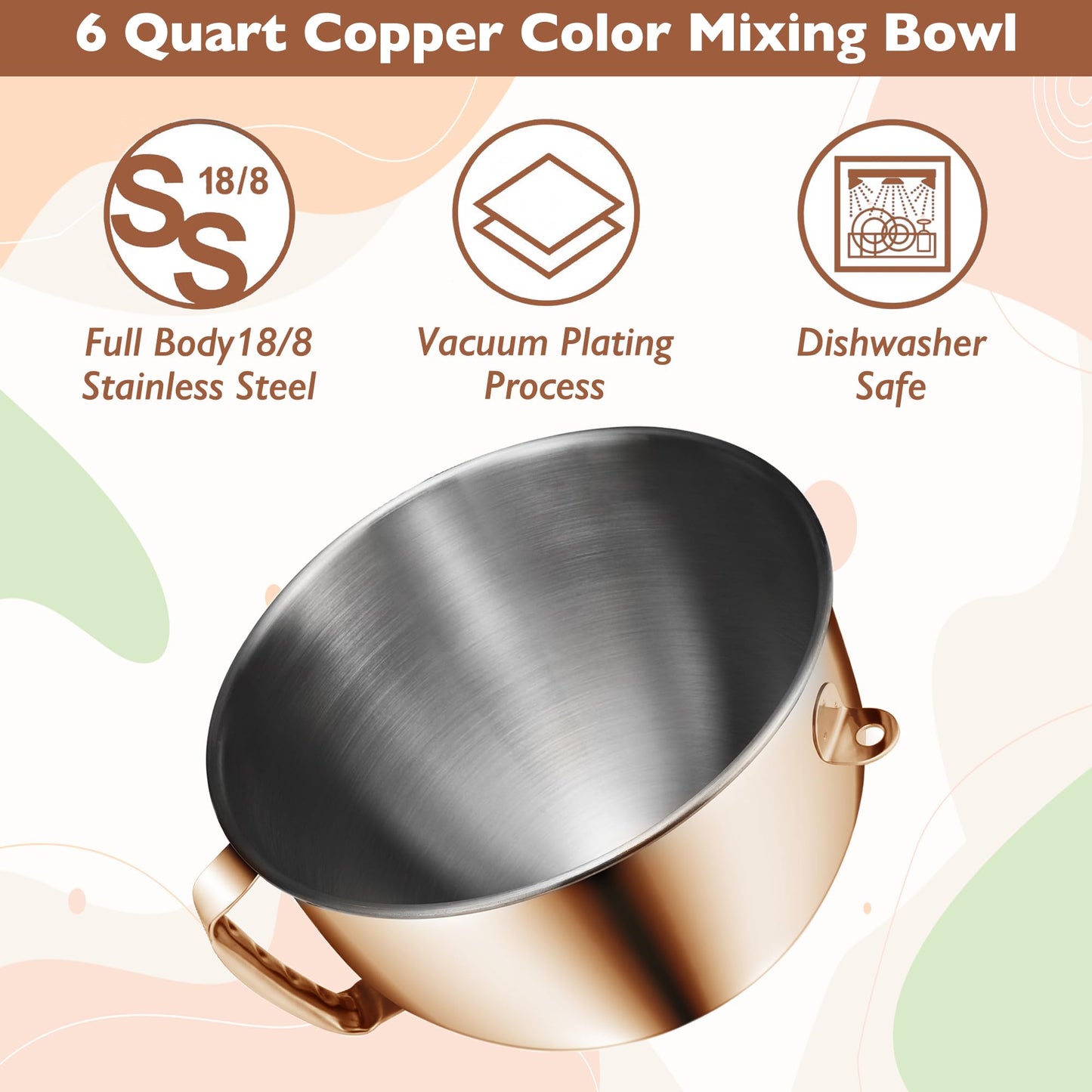 Copper Color Stainless Steel 6 Quart Mixing Bowl for Kitchen Aid Professional Bowl Lift Stand Mixer, Heavy Duty Extra Mixer Bowl fits KP26, KB26, Dishwasher Safe, Ergonomic Handle, Silicone Scraper
