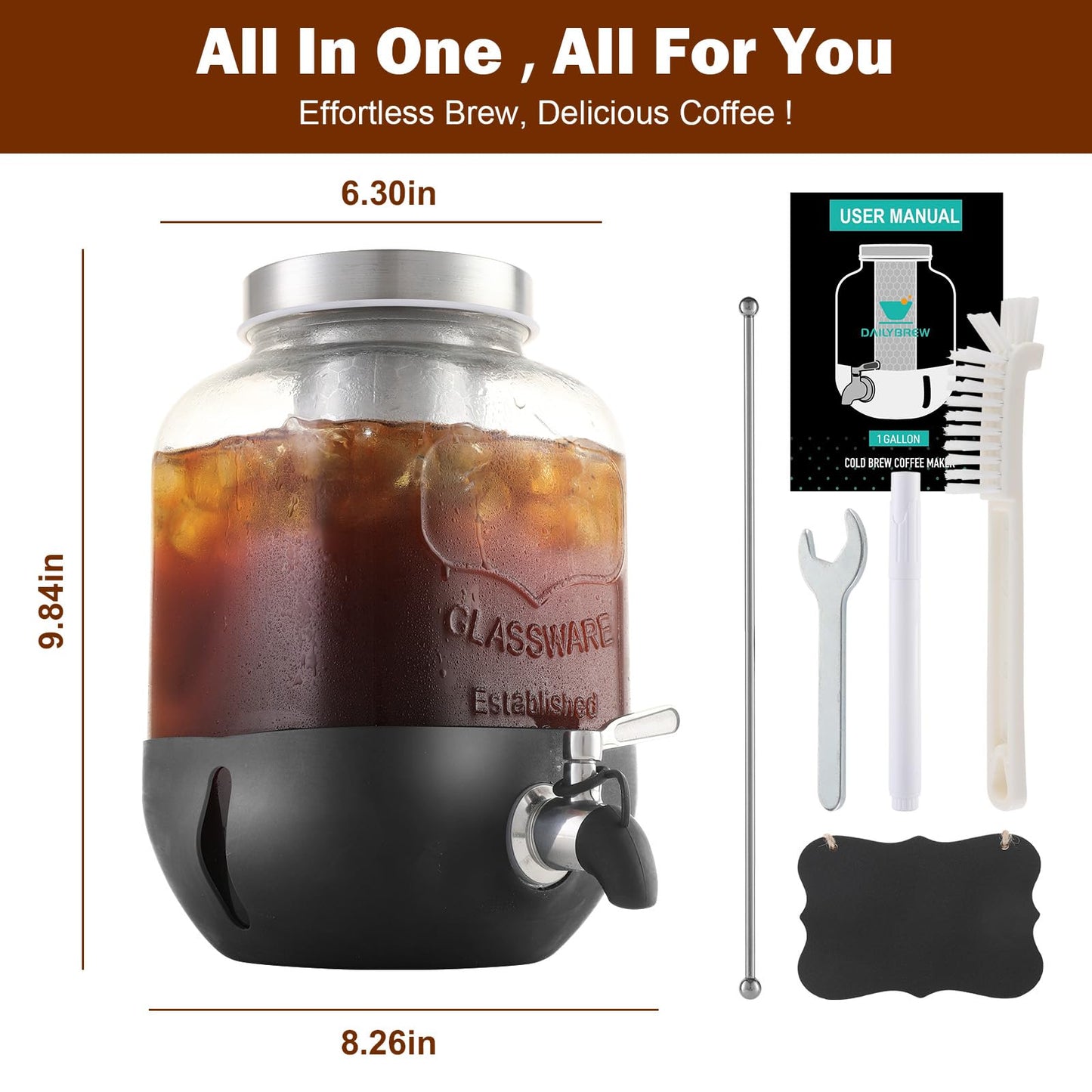 Cold Brew Coffee Maker, 1 Gallon Iced Coffee Maker With Stainless Steel Filter, Heavy Duty Glass Cold Brew Pitcher With Stainless Steel Spigot, Mason Jar Cold Brew Coffee Maker Fast Iced Tea Maker