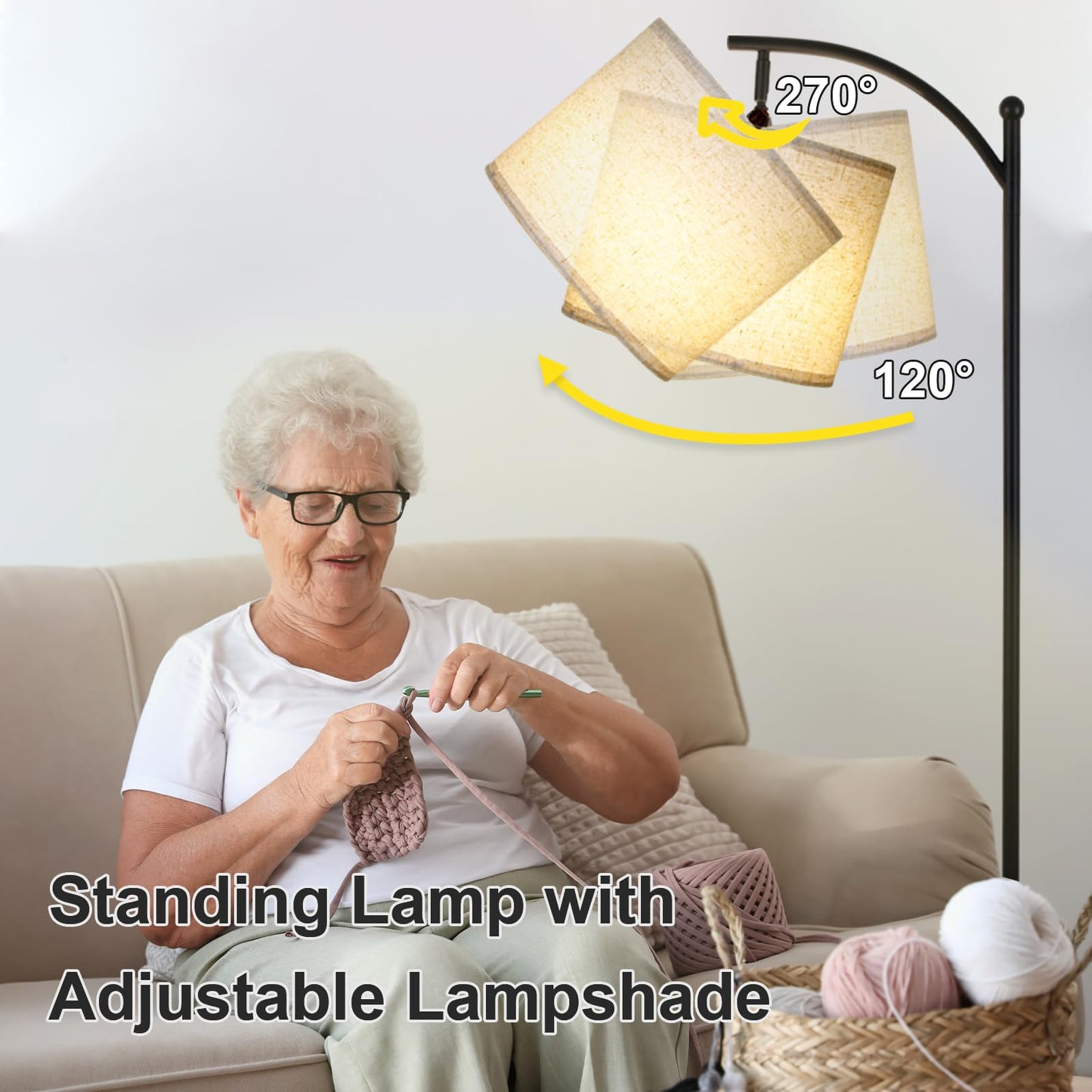 LALISU Modern Floor Lamp, 3-Ways Dimmable Standing Lamp with Linen Shade, Adjustable Height, Foot-Step Switch, Reading Lamp for Living Room, Bedroom, Office, 9W Bulb Included (Black)