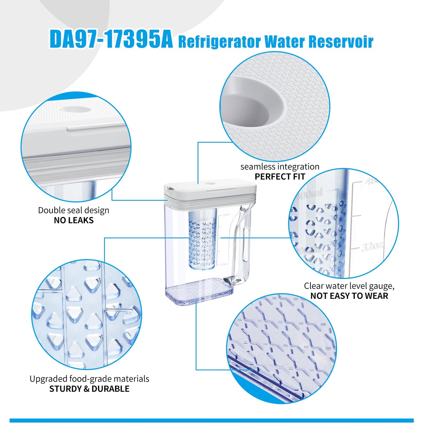 Upgraded Refrigerator water Pitcher DA97-17395A Compatible With Samsung Fridge water Reservoir, Double sealing Fridge reservoir NO leak, Water Tank Fit Samsung Refrigerator (White)
