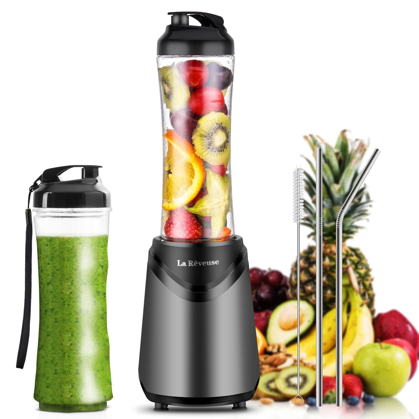 La Reveuse Smoothie Blender Personal Size 300 Watts with 2 Pieces 18 oz BPA-Free Travel Sports Bottles,Grey