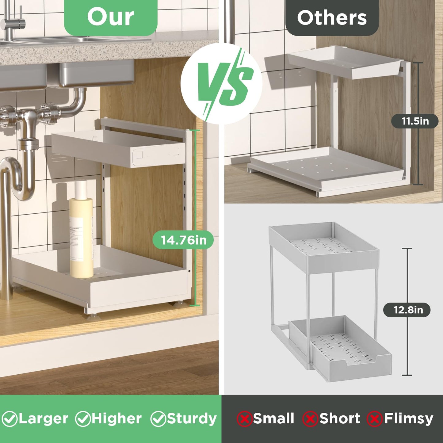 Kovryx Under Sink Organizer Bathroom Kitchen: 2 Pack 2 Tier Metal Under Cabinet Storage with Height-adjustable Shelf and Pull out Rack for Pantry Vanity Cupboard Counter Countertop, White