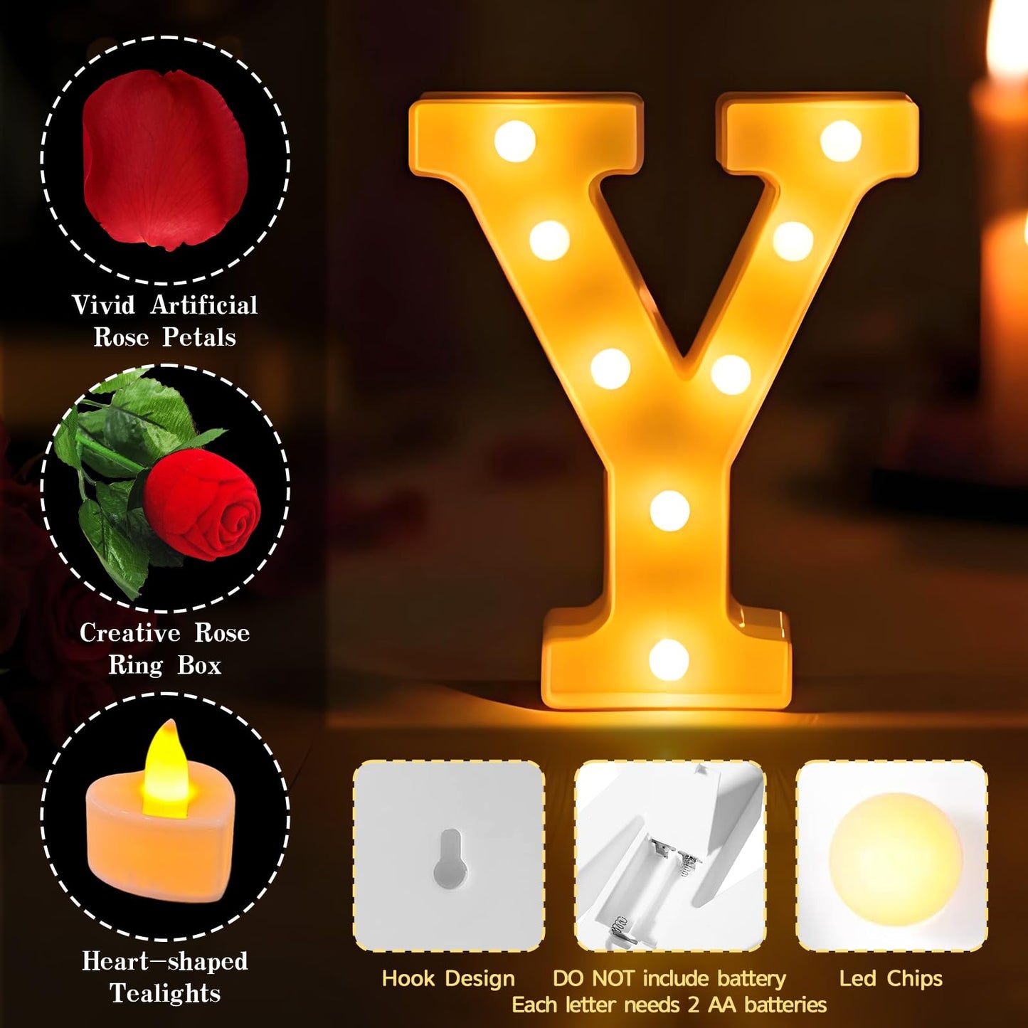 Marry Me Light Up Letters, with 30 Tea Lights Candles, Rose Petals, Aluminum Balloons, Balloons, Red Carpet, Rose Ring Box, Double Sided Tape, Valentine's Day Proposal Engagement Wedding Decorations