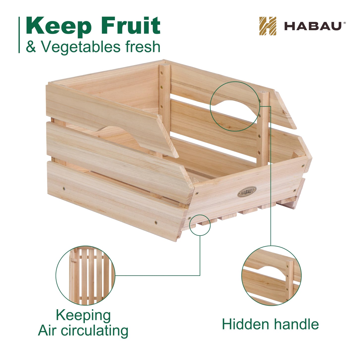 HABAU Wood Potato Onion Storage Bins - Wooden Stackable Produce Basket - Fruit Vegetable Storage for Kitchen Pantry Organization, Set 3 Pieces