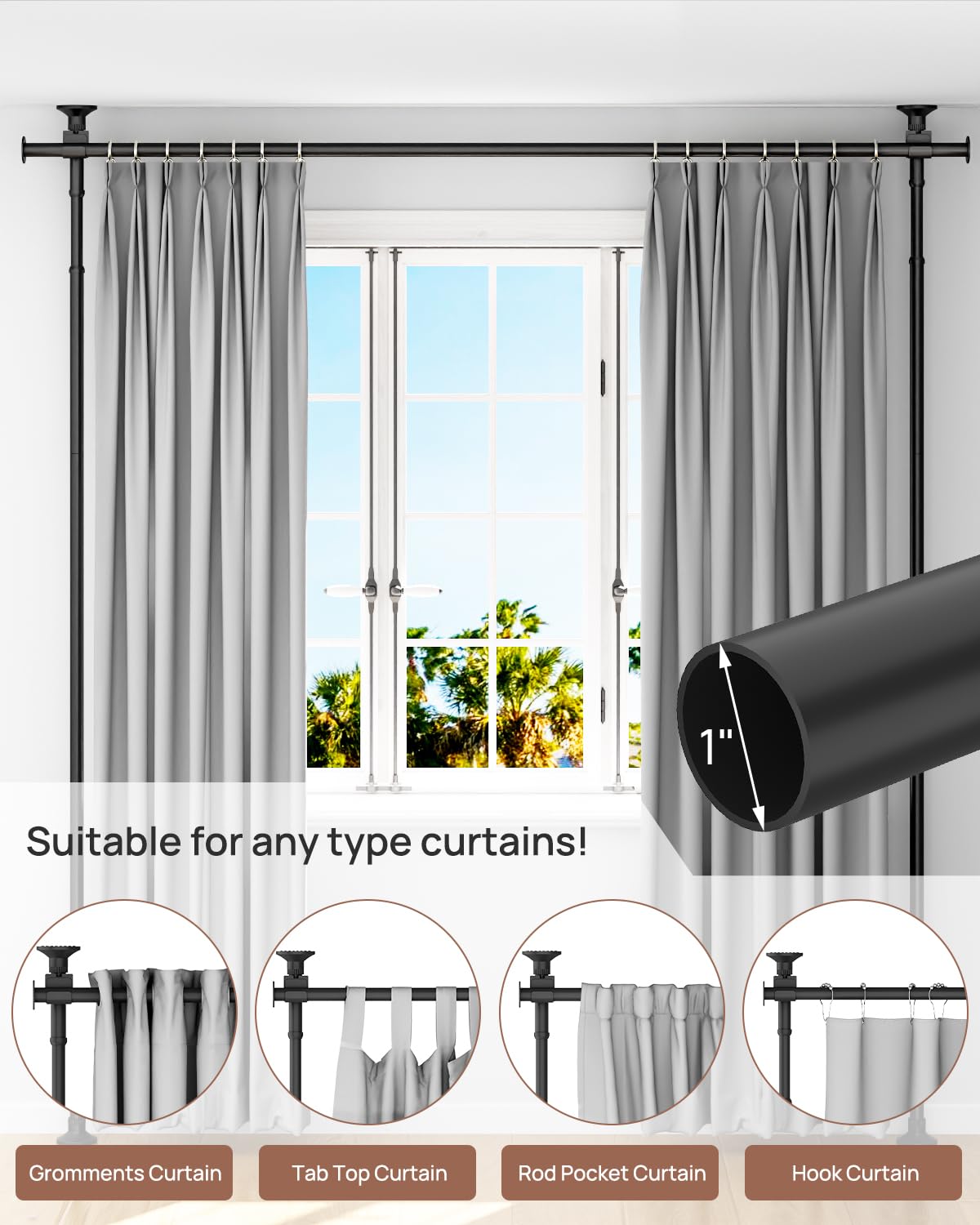 ALLZONE Tension Curtain Rods for Windows, Adjustable 31 to 135 Inch Wide, Freestanding Curtain Rods No Drilling, Apartment Renter Friendly, Heavy Duty, for Room Divider, Doorway, 63 to 130 Inches Tall