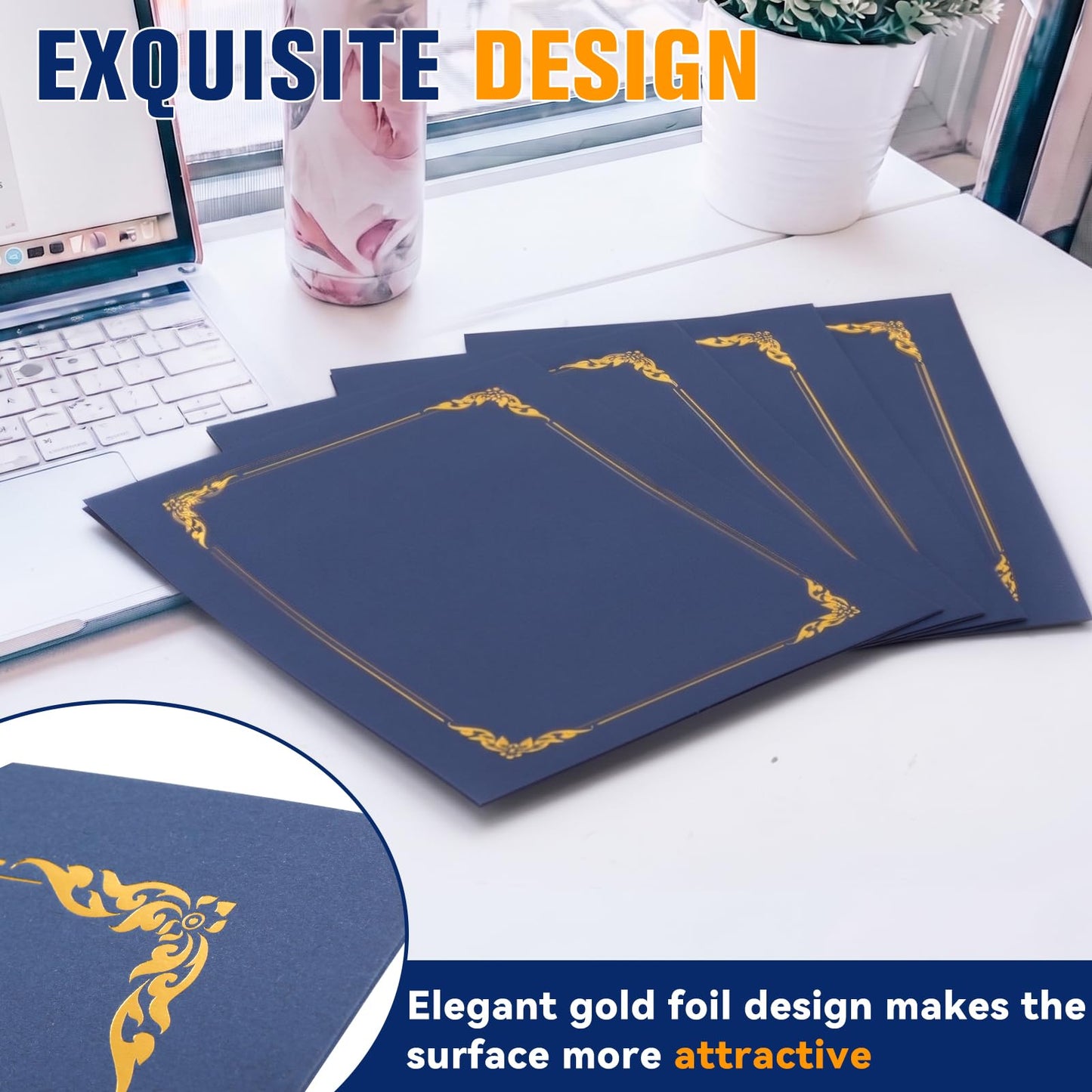 Prixzelkym 150 Packs Certificate Covers, 250gsm Navy Blue Diploma Holders with Gold Foil Border, Suitable for Inner Pages with a Size of 8.5x11 Award Certificates, Document Papers, Paper Card Stock