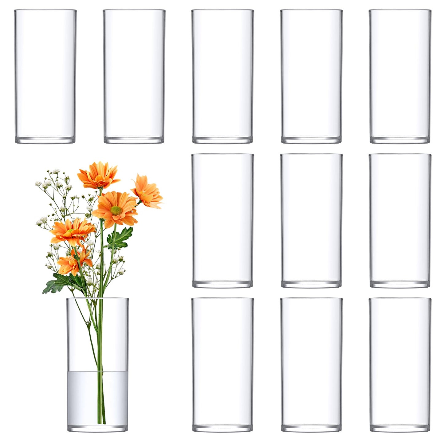 Amazing Abby - Viola Piccolo - Plastic Cylinder Vases (12-Piece Set), Acrylic Flower Vases for Wedding Centerpieces, Home Decorations, Office Ornaments, Shatter-Proof, 6" (H) (Not Glass)