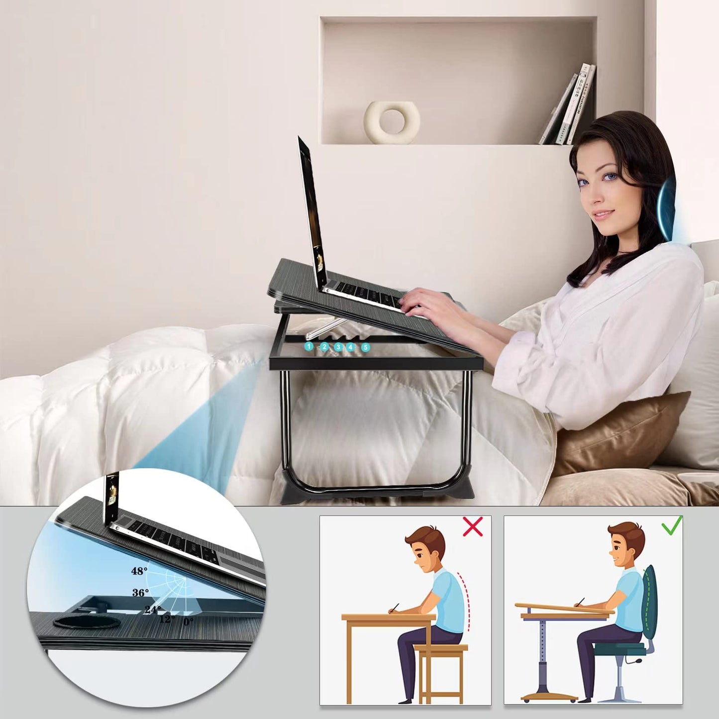Laptop Desk for Bed Couch,Lap Desk for Laptop,Portable Laptop Stand for Desk,Small Adjustable Laptop Desk,Foldable Bed Table for Laptops and Writing, Bed Tray Table with Cup Holder(Black)