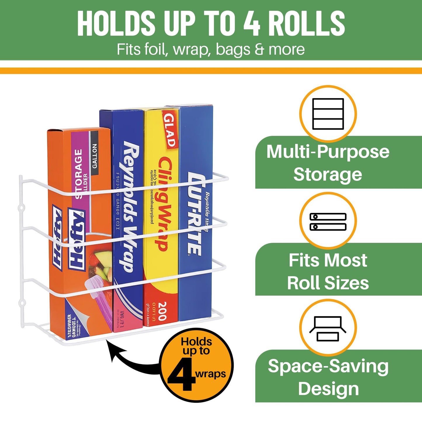 Evelots Kitchen Wrap Organizer - 2 Pack - Hold up to 4 Plastic, Foil, Paper, Wax - Cabinet Door, Wall Rack Basket - Sandwich, Freezer, Food Bag Storage - Laundry Supplies - Plastic Coated Metal