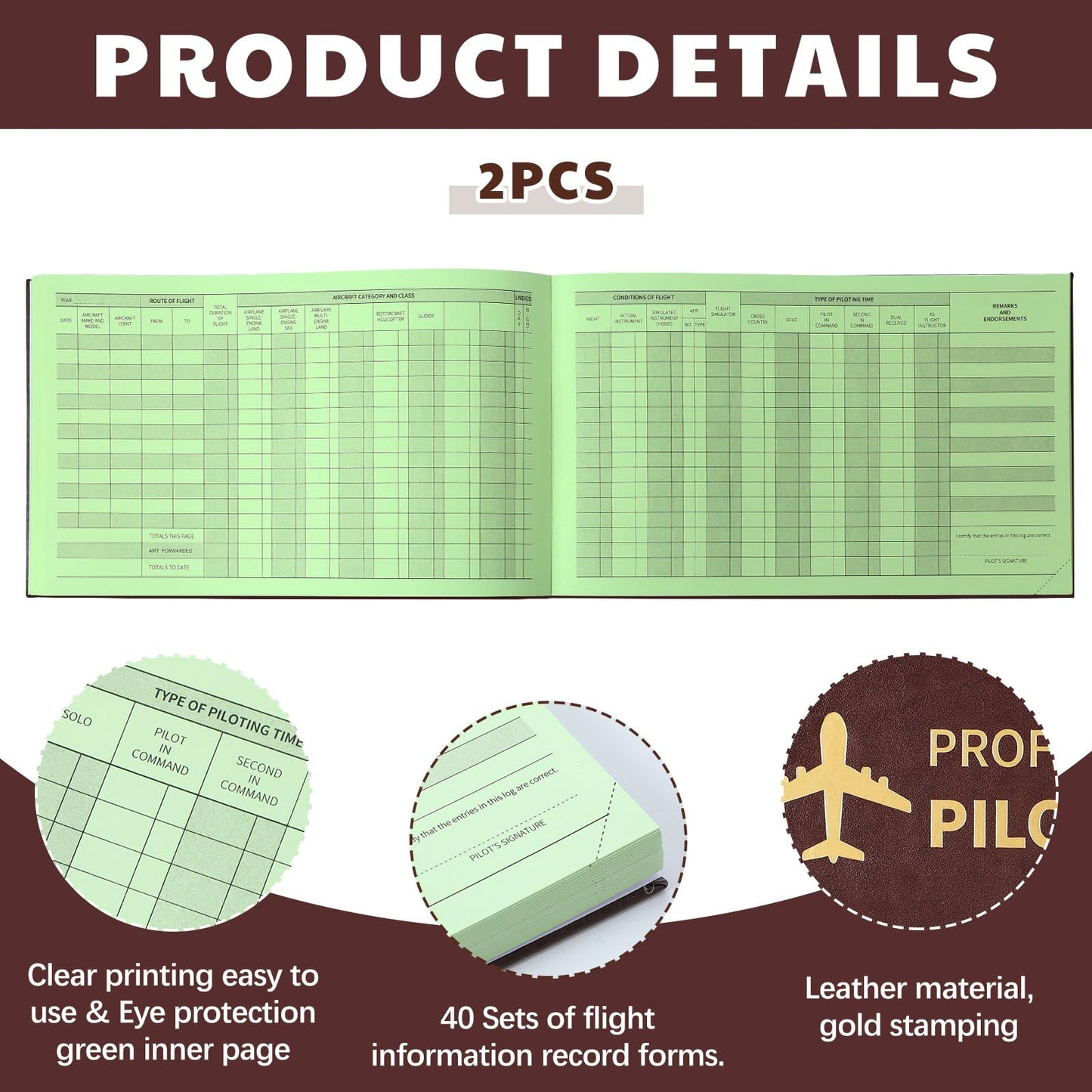 Gilprop 2 Pack Professional Pilot Logbook 128 Sheets Flight Logbook Brown Leather Hardcover Large Aircraft Record Book Aviation Gifts and Gear for Students Pilot