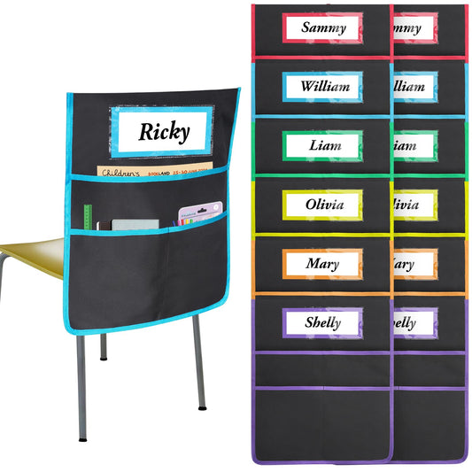 12 Pack Black Chair Pockets for Classrooms, Chair Pocket with 3 Heavy Duty Storage Pocket, Chair Back Buddy Pocket with Name Tag Slot, Ideal Back to School Supplies, Classroom Must Haves (Multicolor)