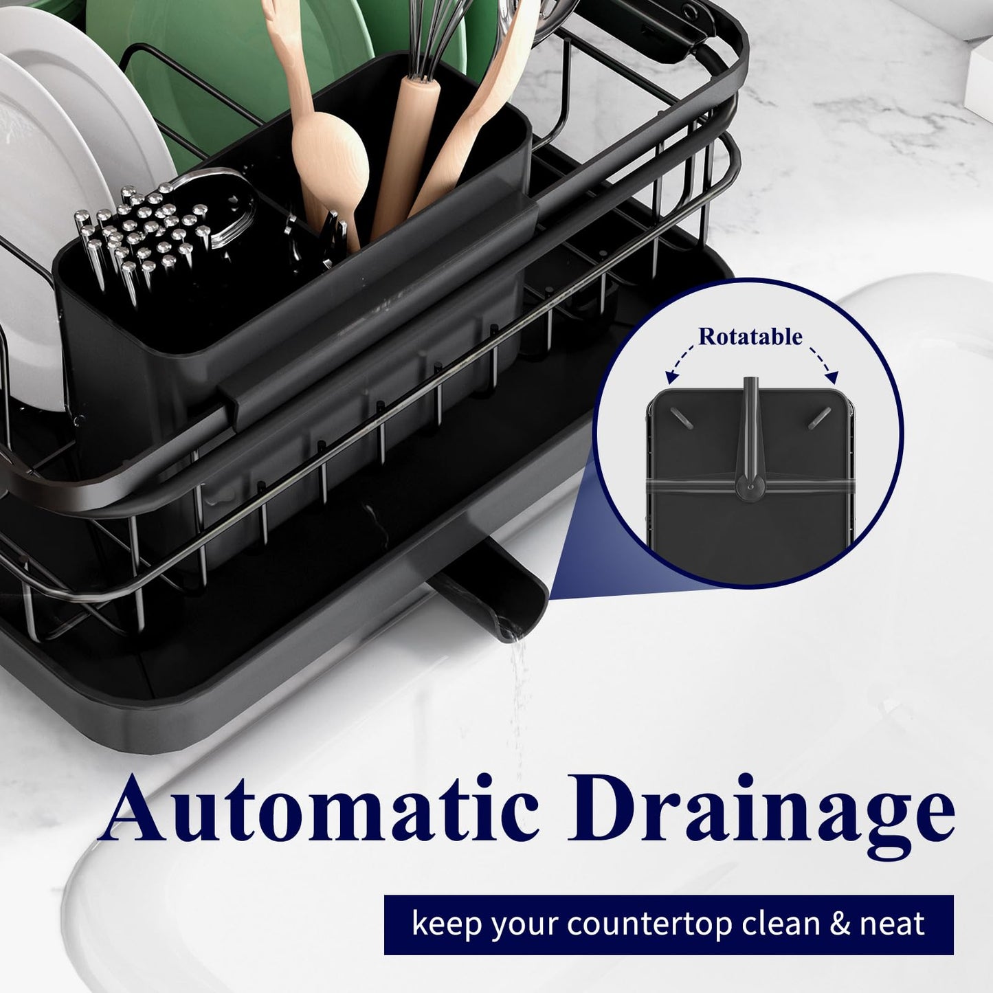 Kitsure Dish Drying Rack for Kitchen Counter, Stainless Steel Sink Organization and Storage Essentials with Cutlery Holder, Home and Appartment Decor, 12.2''W x 15.7''~23''L, Black