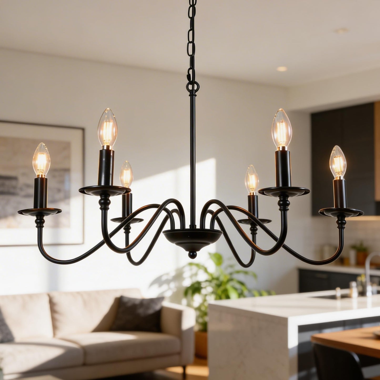 Phaosio Black Chandelier, 6-Light Farmhouse Candle Chandelier 29'', Rustic Industrial Hanging Light Fixture for Dining Room, Kitchen Island, Living Room, Entryway, Bedroom, Foyer