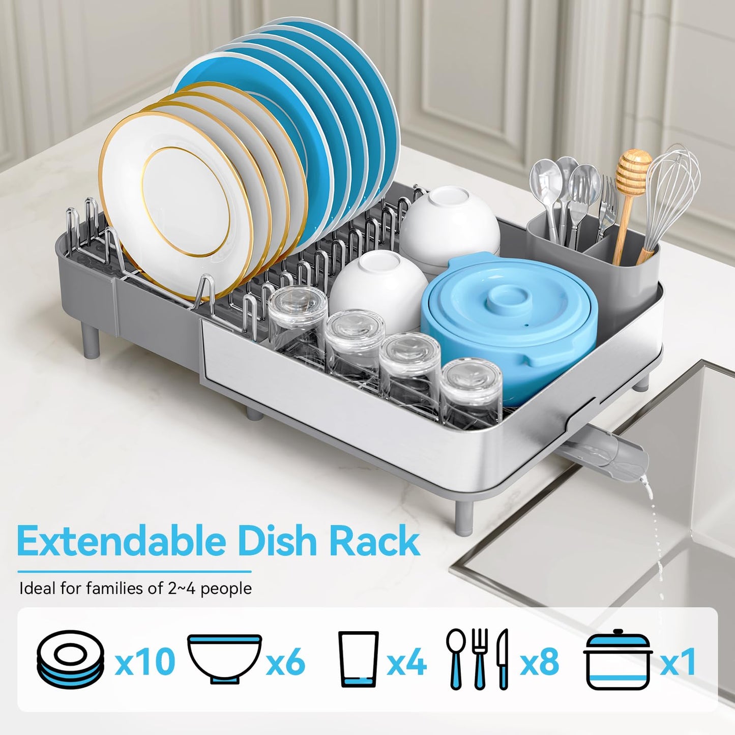 Urackify Dish Drying Rack - Dish Drainer for Kitchen Counter, Stainless Steel Dish Rack with Swivel Draining Spout & Drain Board, Expandable Space-Saving Kitchen Dish Organizer for 3-4 People, Grey