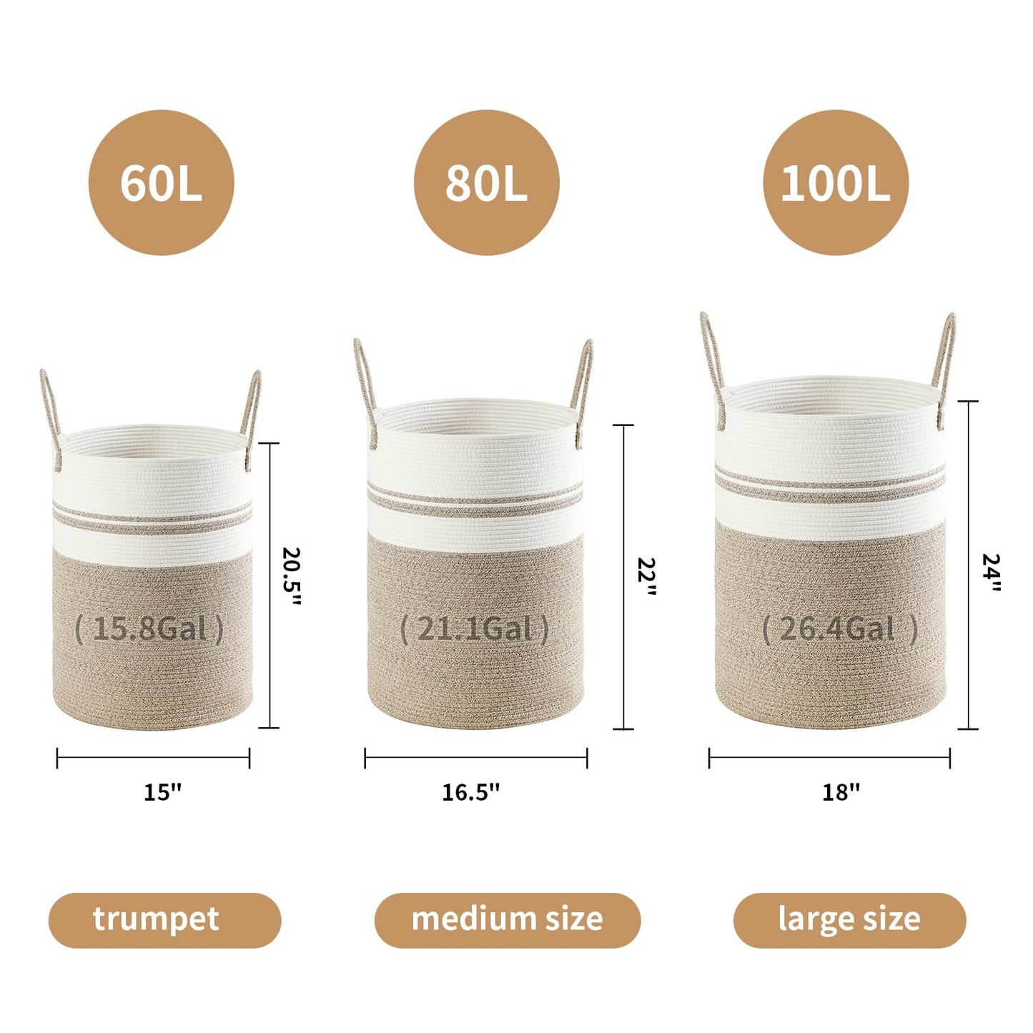 Laundry Basket Hamper Tall Rope Storage Woven for Blanket toys Dirty Clothes in Living Room Bathroom Bedroom (Brown&White, 80L/21.3Gal)
