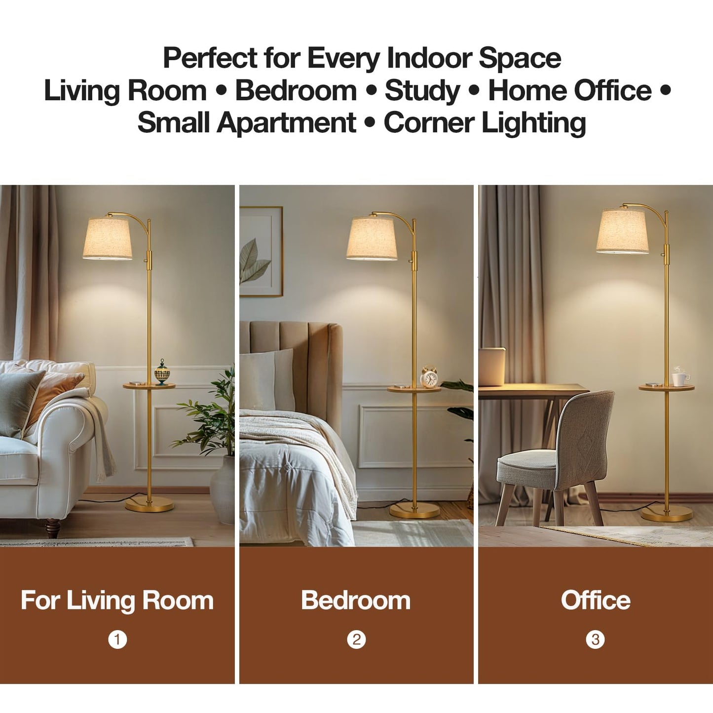 AIDENOEY Fully Dimmable Floor Lamp for Living Room，Standing Lamp Rotary Switch with Table&Linen Beige Shade，Golden Tall Lamps for Bedroom with Adjust Head，9W LED Bulb Included