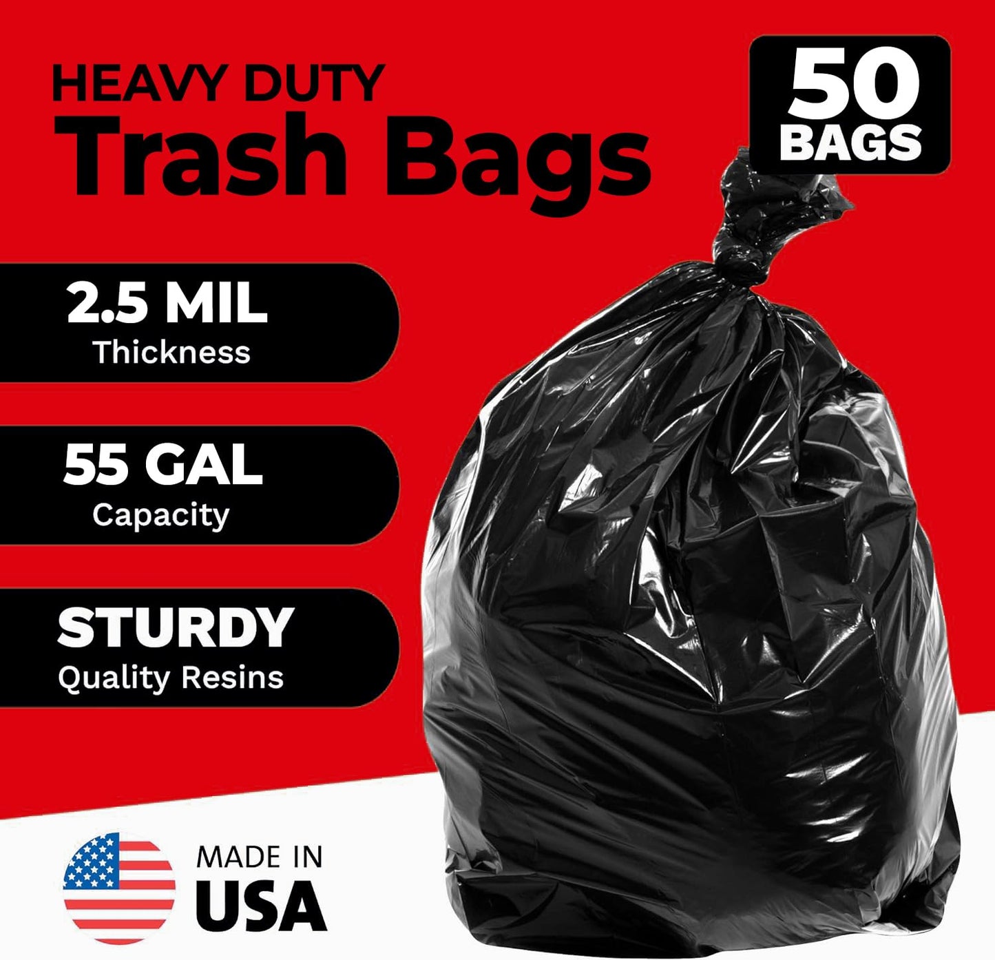 ToughBag 55 Gallon Trash Bags, 2.5 Mil Contractor Bags - 50 Count, Large 55-60 Gallon Trash Can Liners, Black Contractor Garbage Bags, 38 x 58" - Made in USA