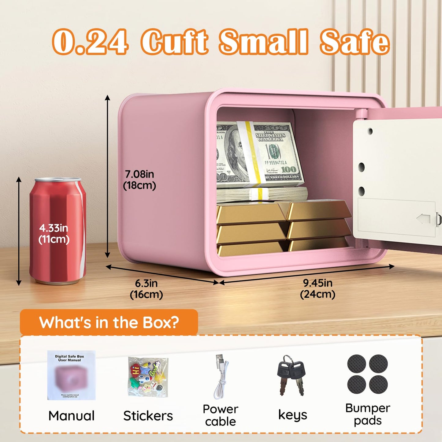 Mini Safe Box for Money Coin Cash-Piggy Bank for Kids, Electronic Small Safes for Boys Girls, Ideal Christmas Birthday Gift, DIY Stickers,Pink