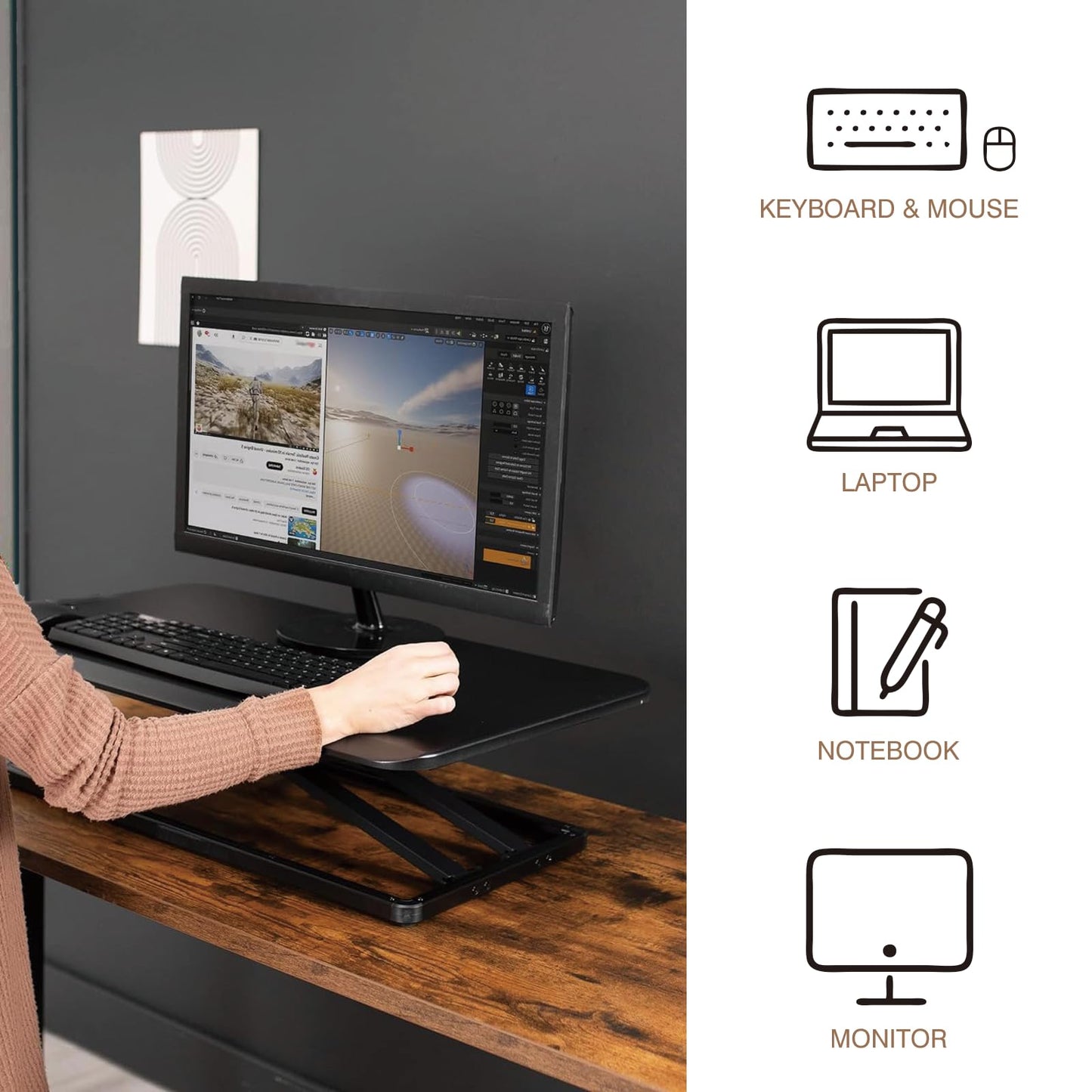 Rlozftel Standing Desk Converter, Height Adjustable Stand Up Desk Riser with 7 Height Levels, Compact Sit Stand Desktop Converter for Laptop or Single Monitor, Office Workstation