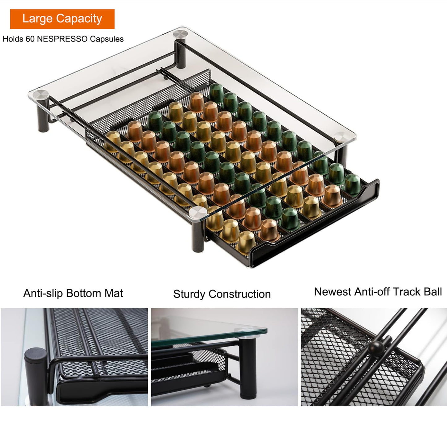 SEVENLINE Crystal Tempered Glass Coffee Pod Storage Drawer Compatible with Nespresso OriginalLine Capsules Holder 60 Original Line Pods Holds Kitchen Organizer
