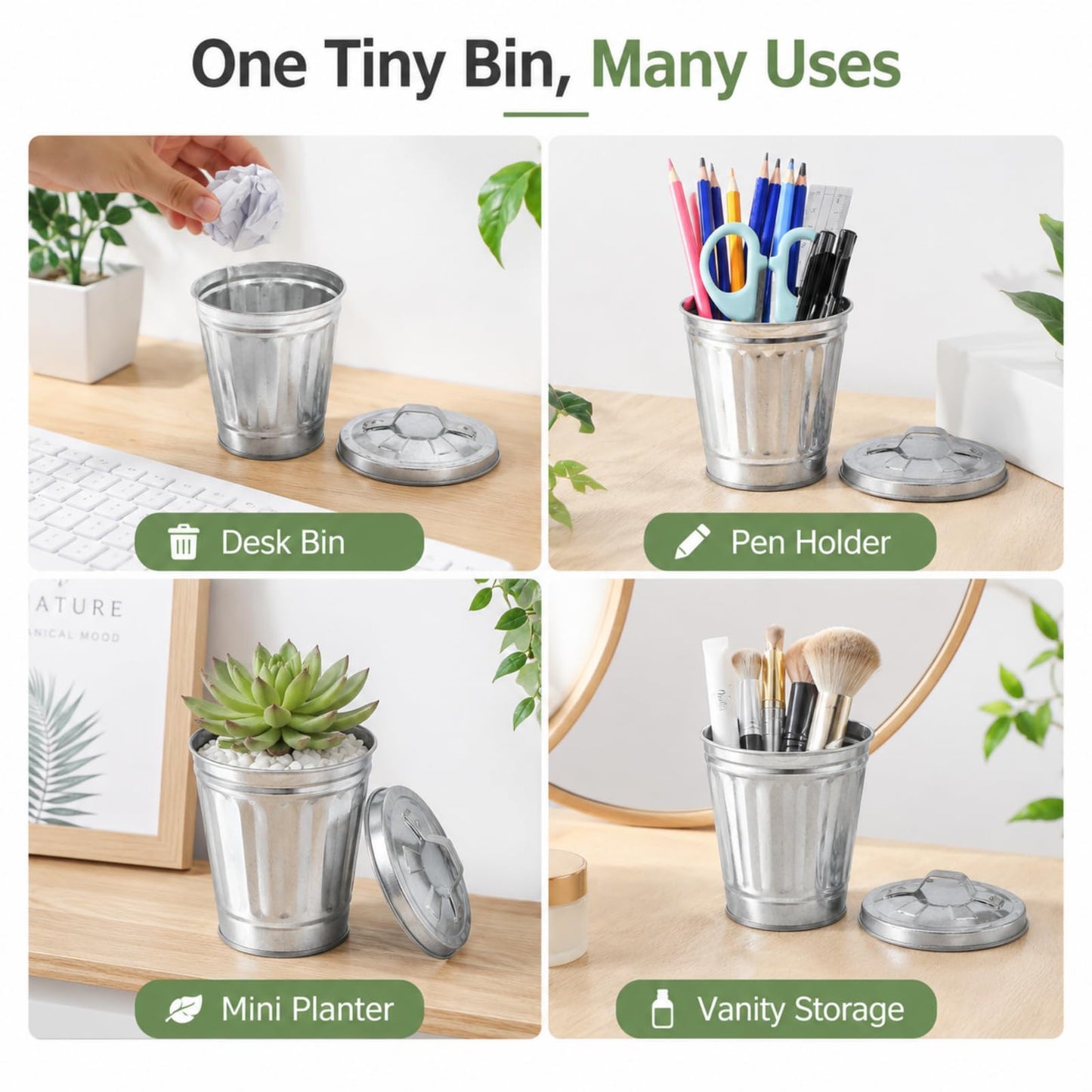jojofuny 12 Pack Mini Trash Cans with Lids, 3.7 Inch Silver Metal Garbage Can Favor Buckets, Small Desktop Bins for Trash Truck Birthday Party, Office Desk, Craft Storage, Pen Holder, Mini Planter