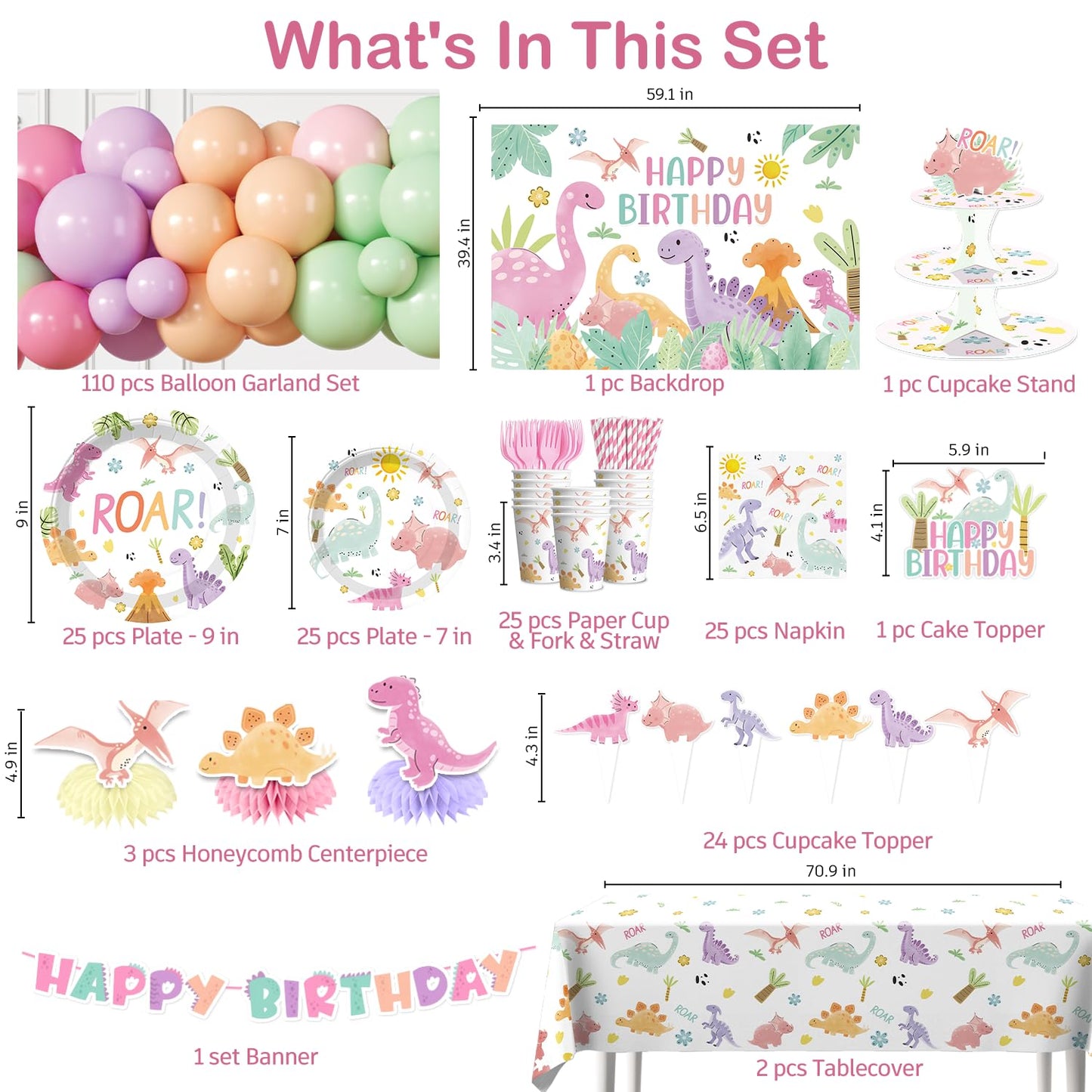 Fexivo 293pcs Pink Dinosaur Birthday Decorations for Girl, Worry-free One-stop Set for 25 Guests, with Dinosaur Balloon Arch, Plates and Dino Cupcake Stand, Easy Setup for Dinosaur-Themed Party