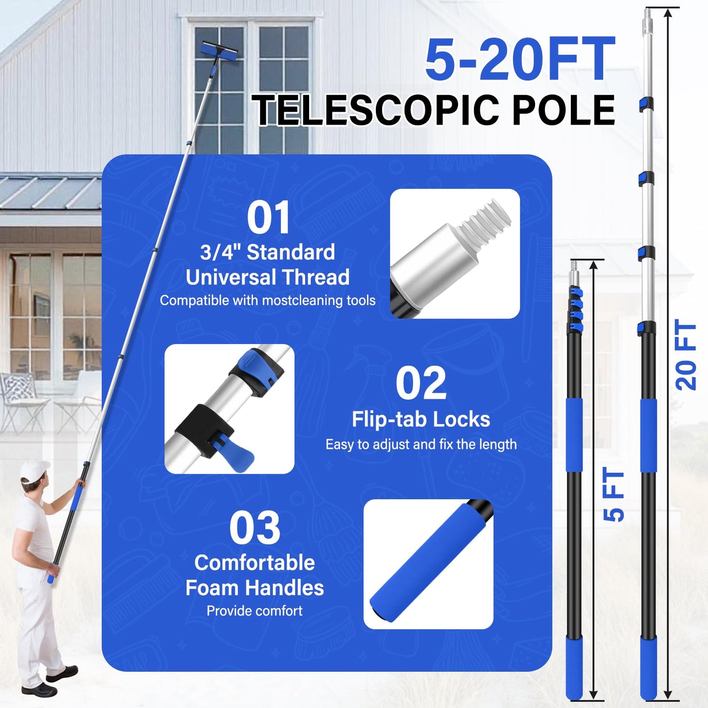 26FT High Window Washing Kit with Extension Pole, 2 in 1 Window Cleaning Squeegee Kit, Cobweb Duster with 5-20FT Telescoping Pole, High Reach Duster Kit for Outdoor, Indoor and Solar Panel Cleaning