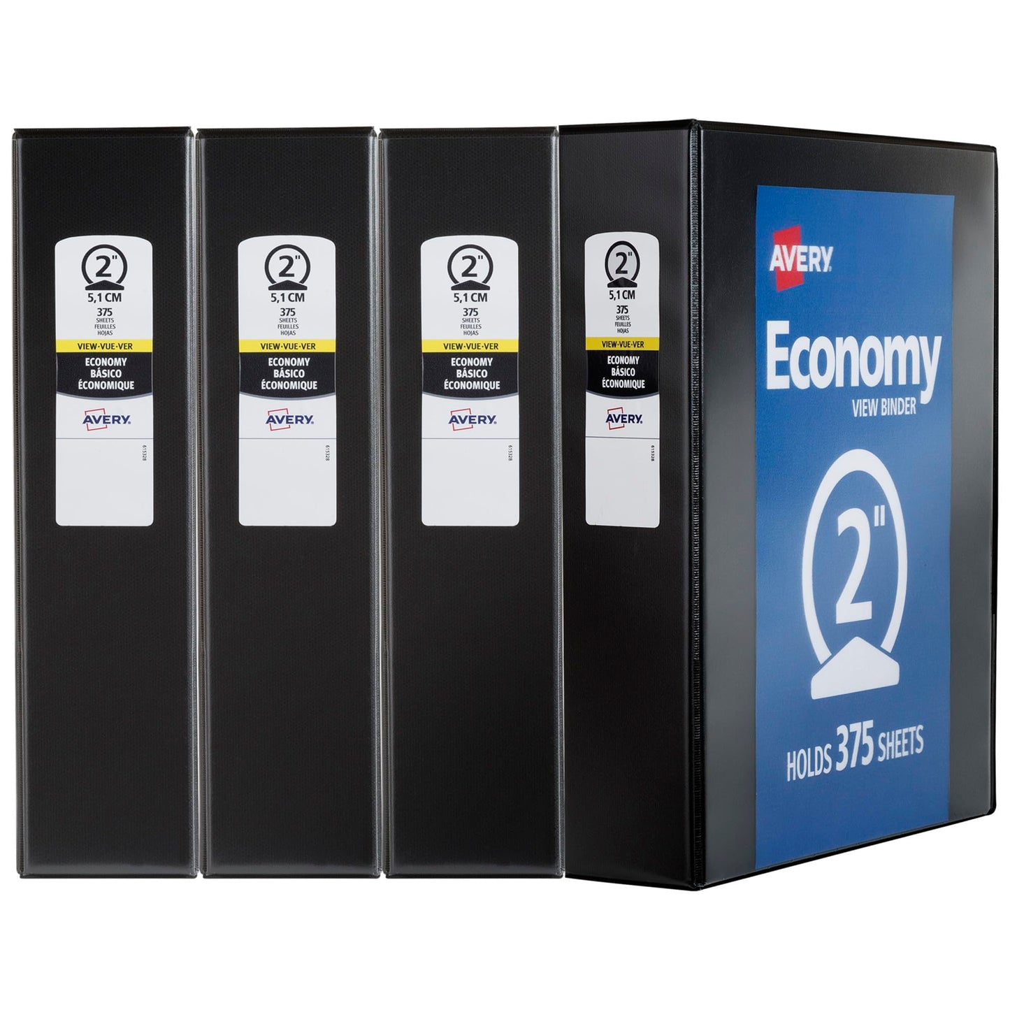 Avery Standard View 3 Ring Binders, 2" Round Rings, 375-Sheet Capacity, 2.8 Inch Wide Spine, Black Binders, Ideal for Lightweight Organization and Occasional Referencing (4-Pack of 19205)