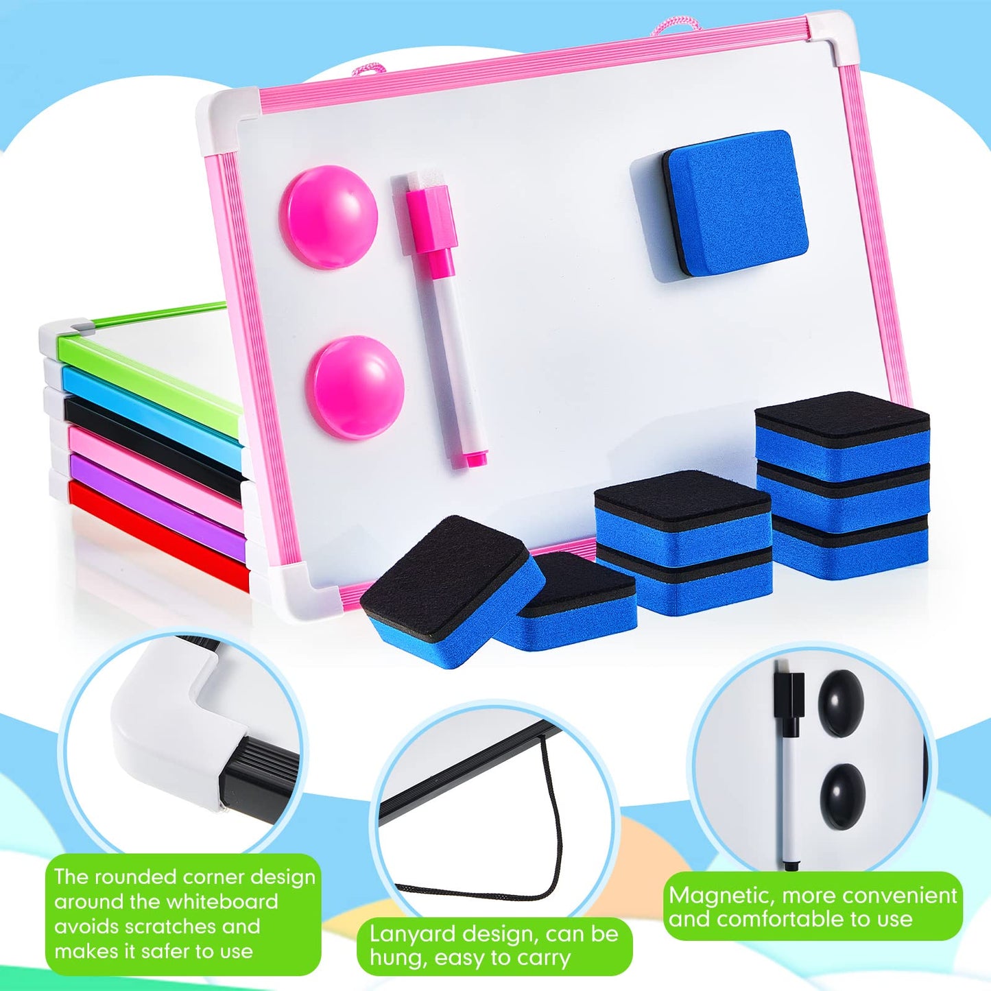 Colarr 24 Pack Hanging Magnetic Dry Erase Board 8'' x 12'' Small Double Sided White Board for Students Teachers Mini Whiteboard Bulk School Supplies Including Markers Magnetic Buttons and Blue Erasers
