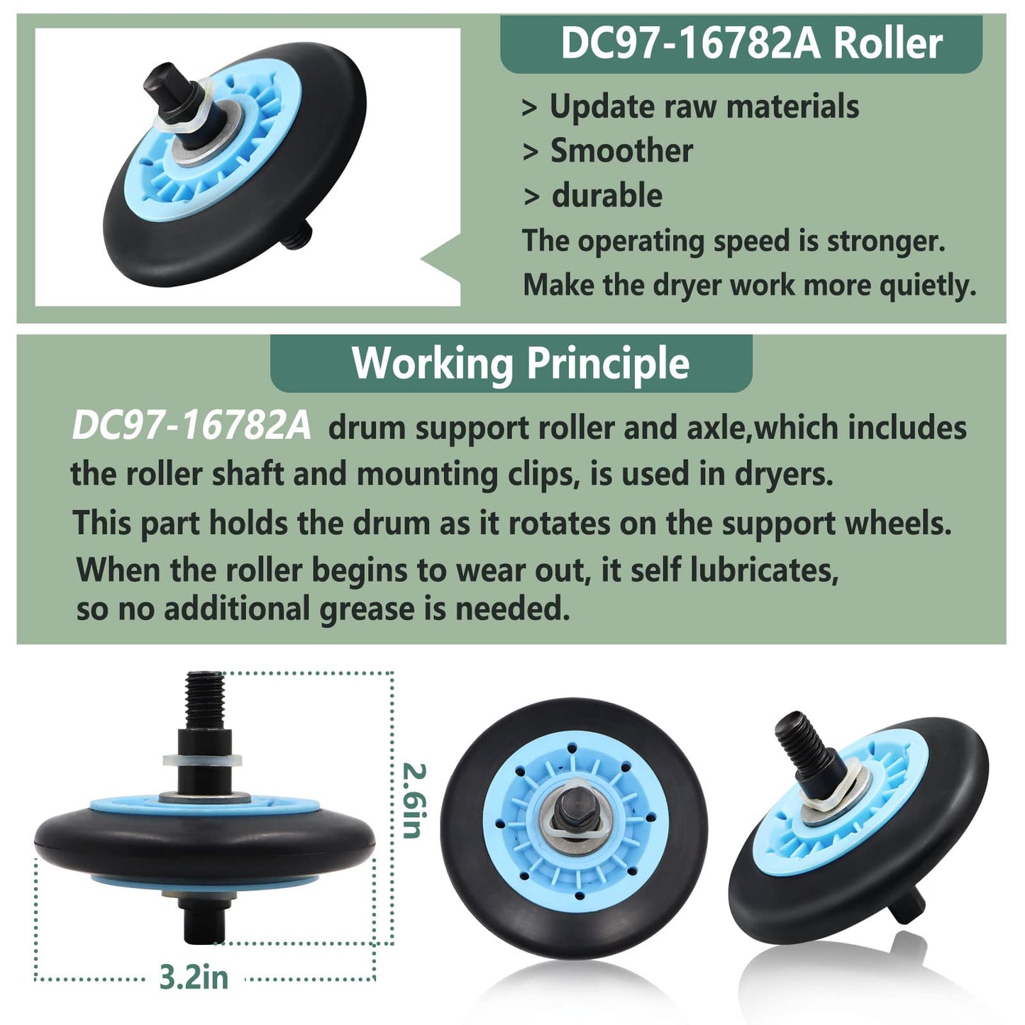 Upgraded Dryer Repair Kit Compatible with Samsung Dryer Roller Replacement Kit, for DC97-16782A Dryer Roller, DC93-00634A Idler Pulley, 6602-001655 Belt (6 Roller White Spacer)