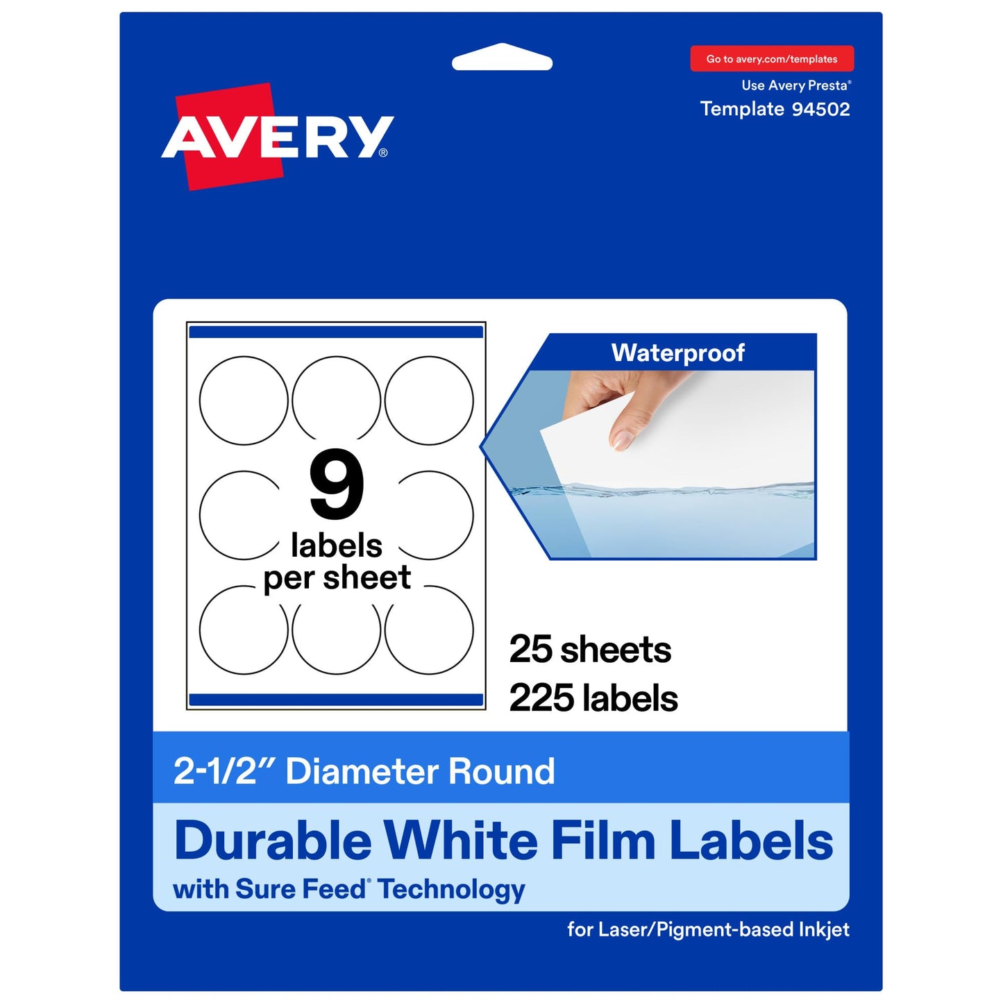 Avery Printable Durable White Round Labels, Sure Feed Technology, 2.5" Diameter, Print-to-the-Edge, Waterproof Labels, Laser & Pigment-Based Inkjet Compatible, 225 Total
